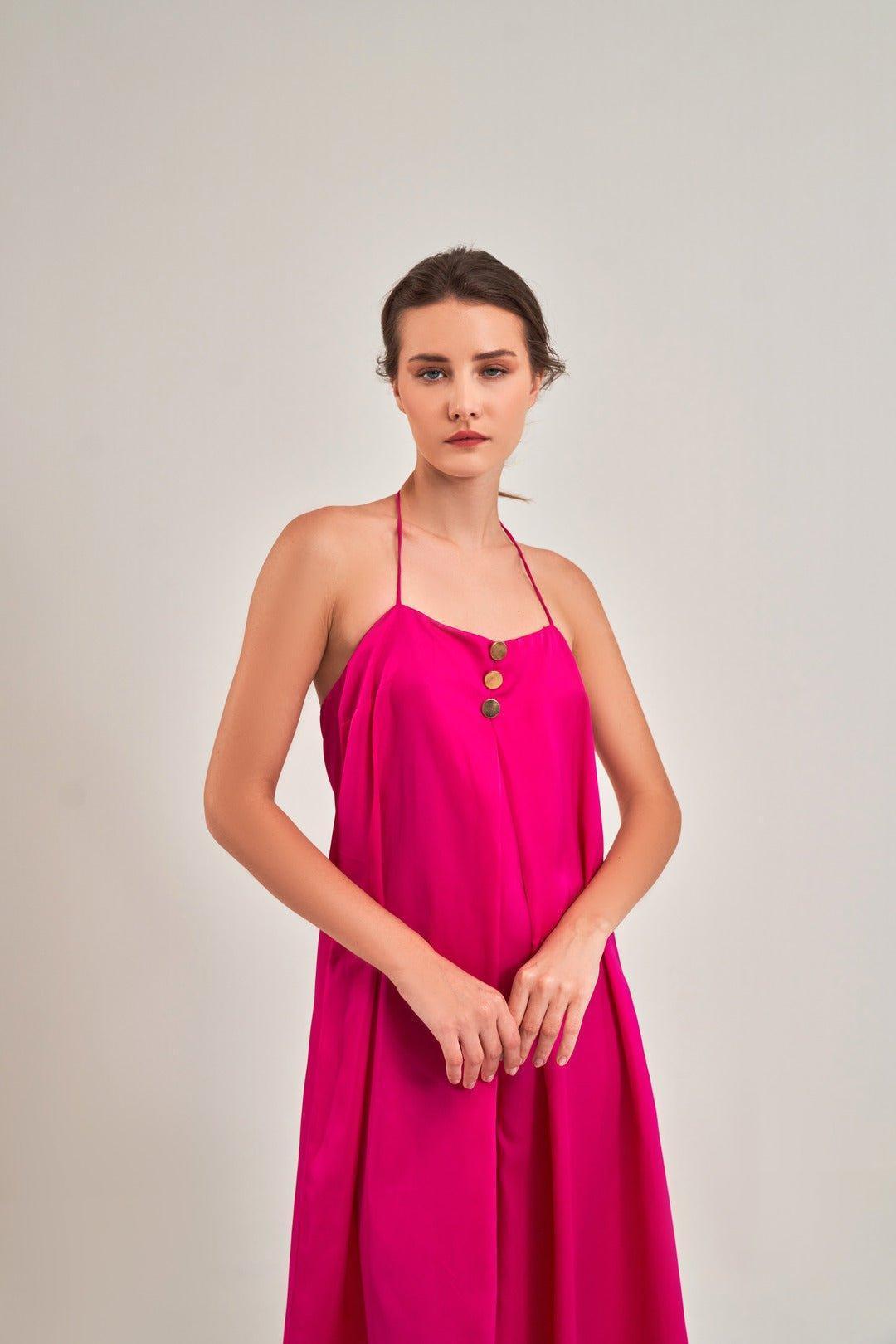 FUCHSIA PINK A-LINE HALTER NECK Jumpsuit - Sotbella