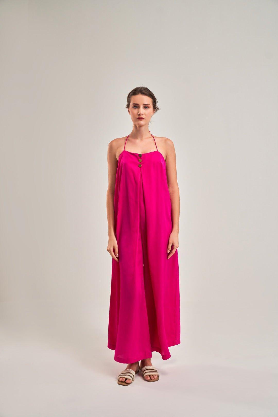 FUCHSIA PINK A-LINE HALTER NECK Jumpsuit - Sotbella