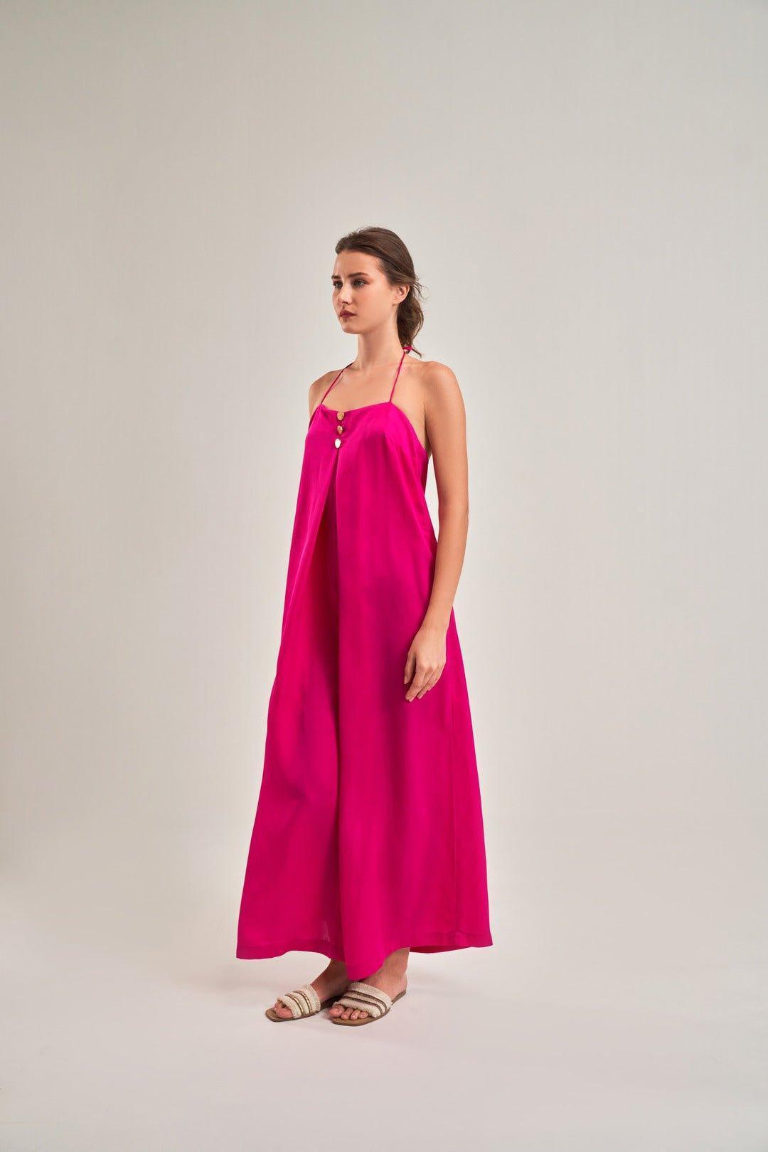 FUCHSIA PINK A-LINE HALTER NECK Jumpsuit - Sotbella