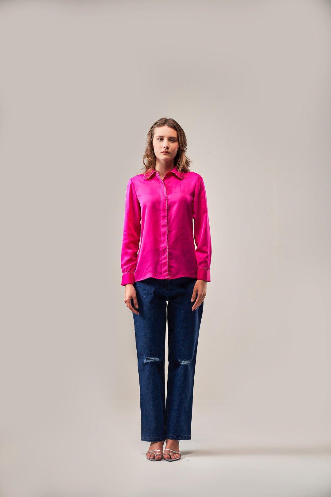 FUCHSIA PINK SATIN SHIRT WITH RHINESTONE ACCENTS - Sotbella