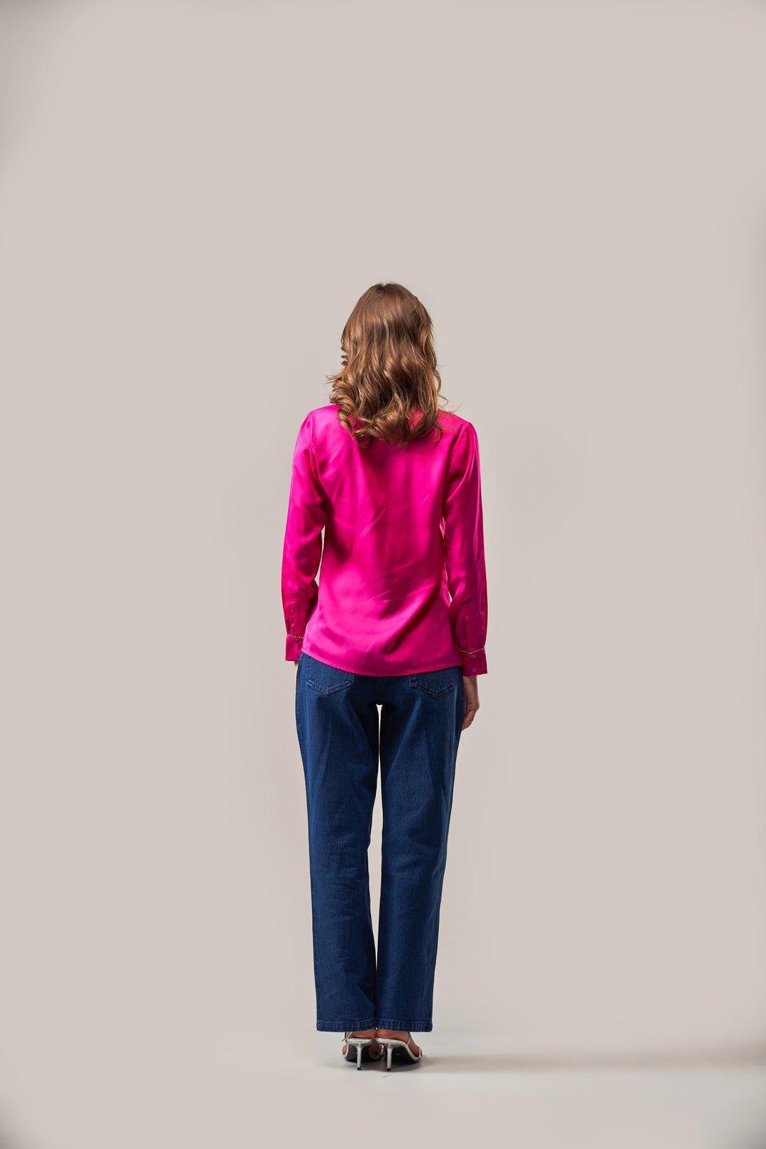 FUCHSIA PINK SATIN SHIRT WITH RHINESTONE ACCENTS - Sotbella