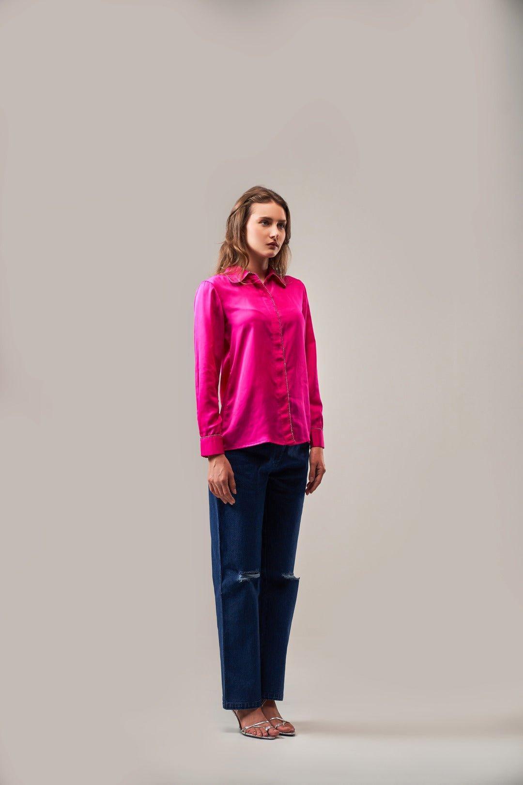 FUCHSIA PINK SATIN SHIRT WITH RHINESTONE ACCENTS - Sotbella