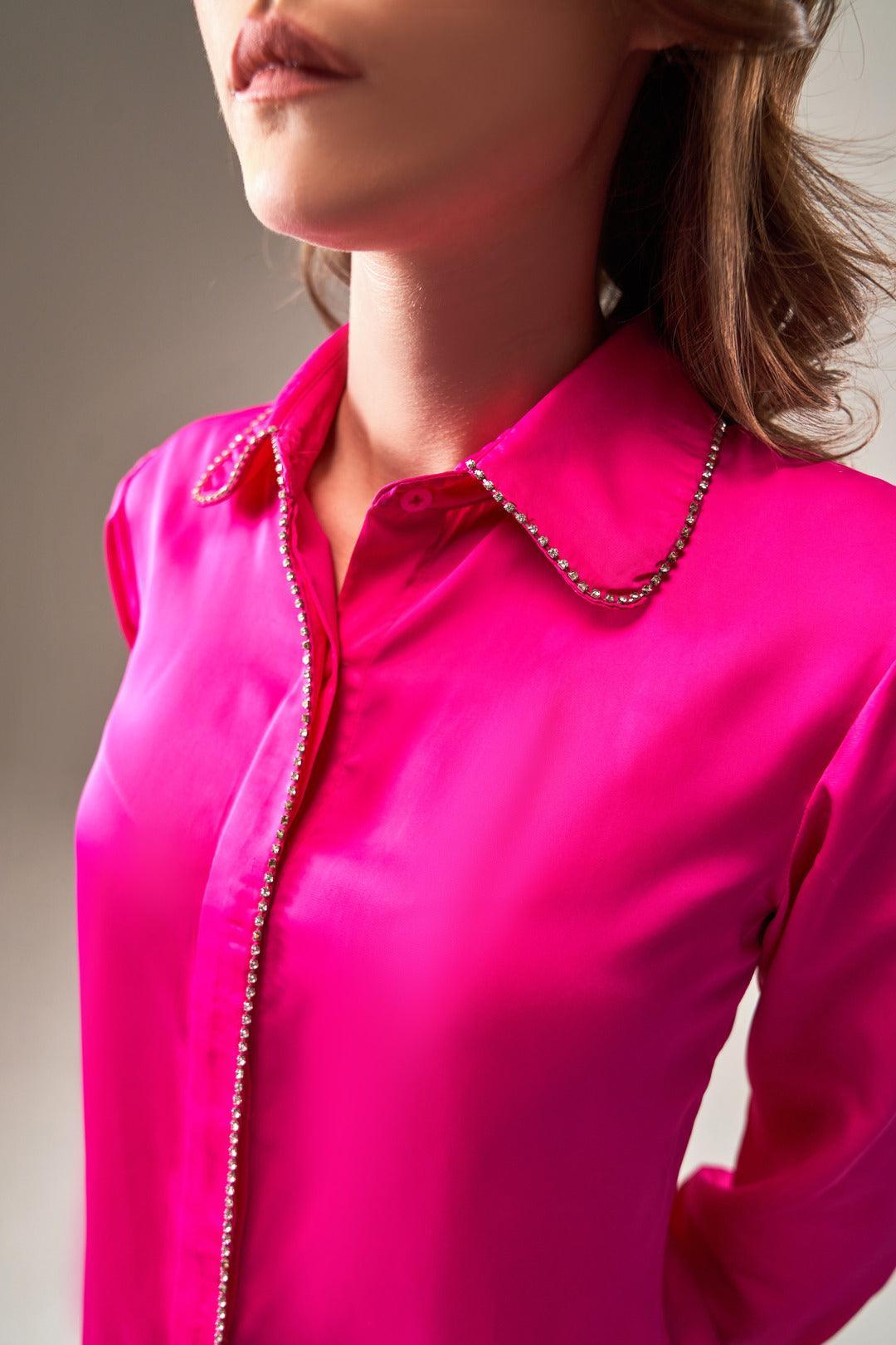 FUCHSIA PINK SATIN SHIRT WITH RHINESTONE ACCENTS - Sotbella