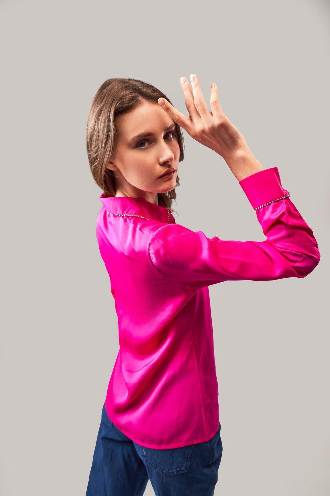 FUCHSIA PINK SATIN SHIRT WITH RHINESTONE ACCENTS - Sotbella