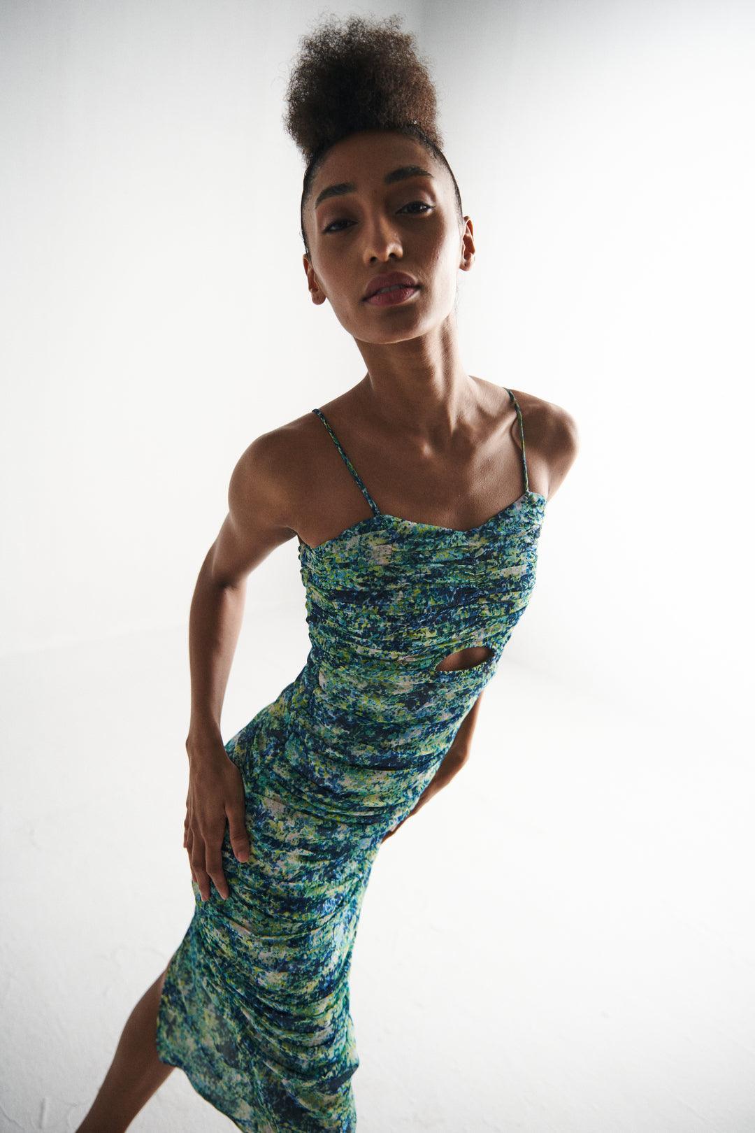Green Floral Ruched Dress - Sotbella