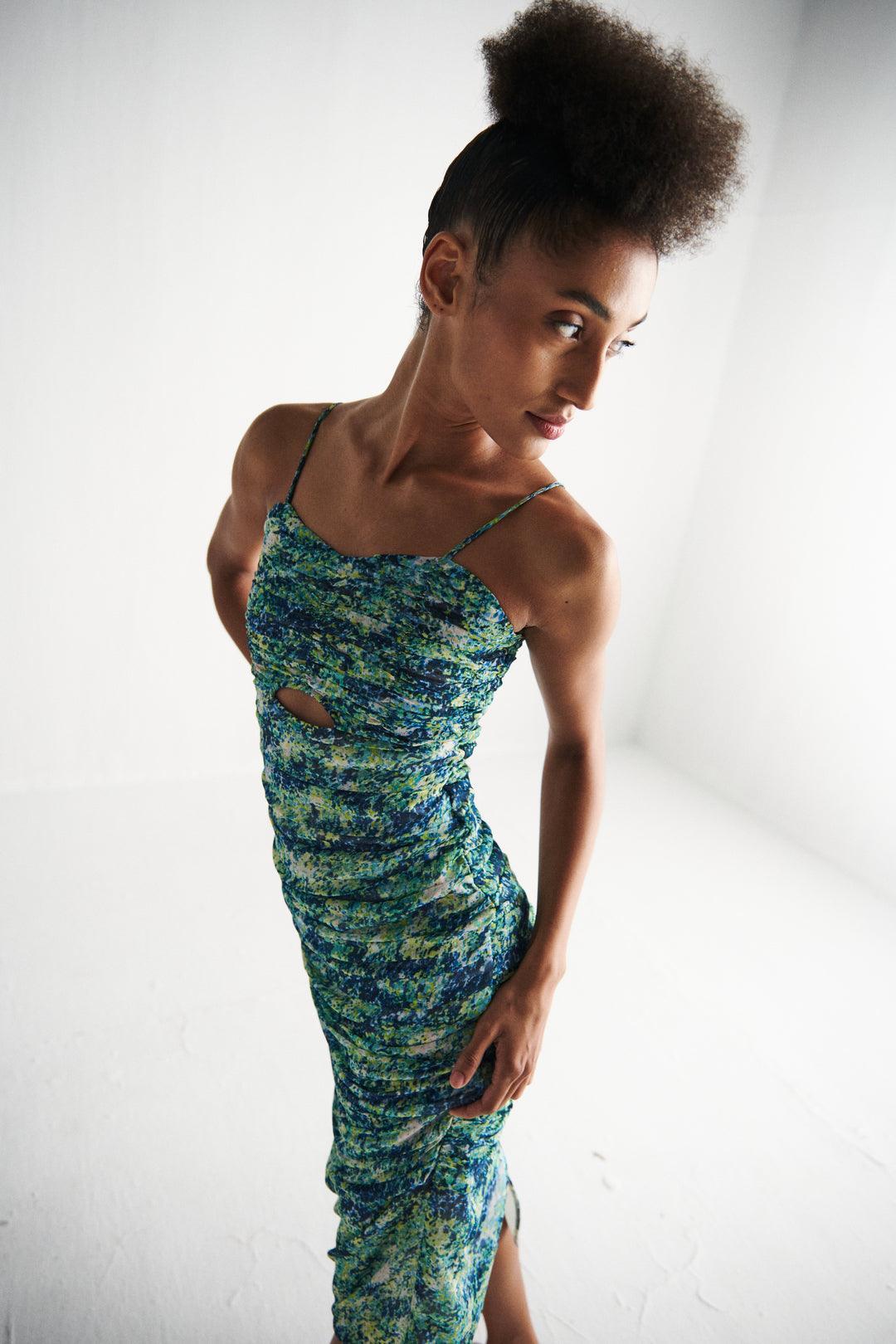 Green Floral Ruched Dress - Sotbella
