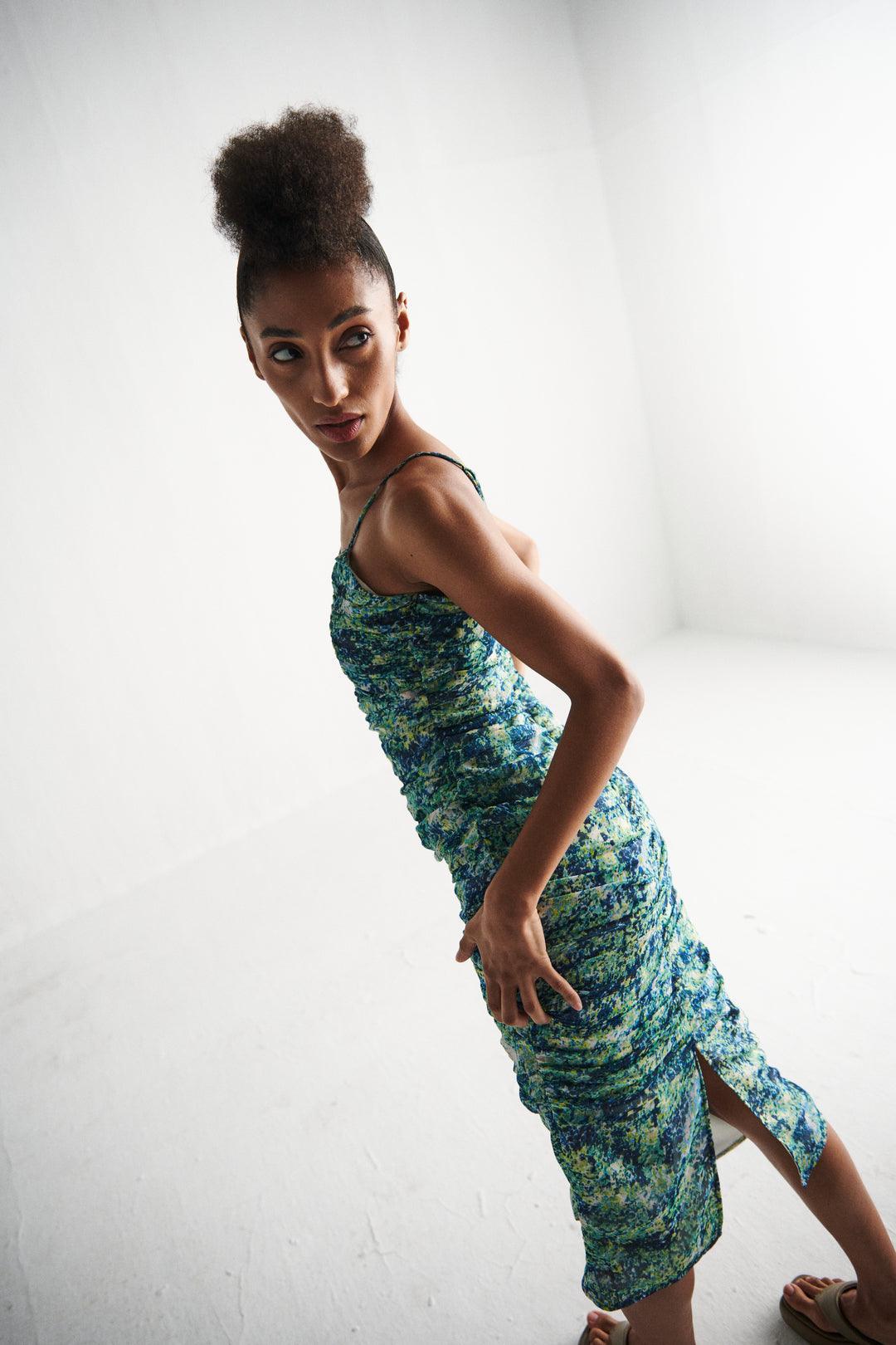 Green Floral Ruched Dress - Sotbella
