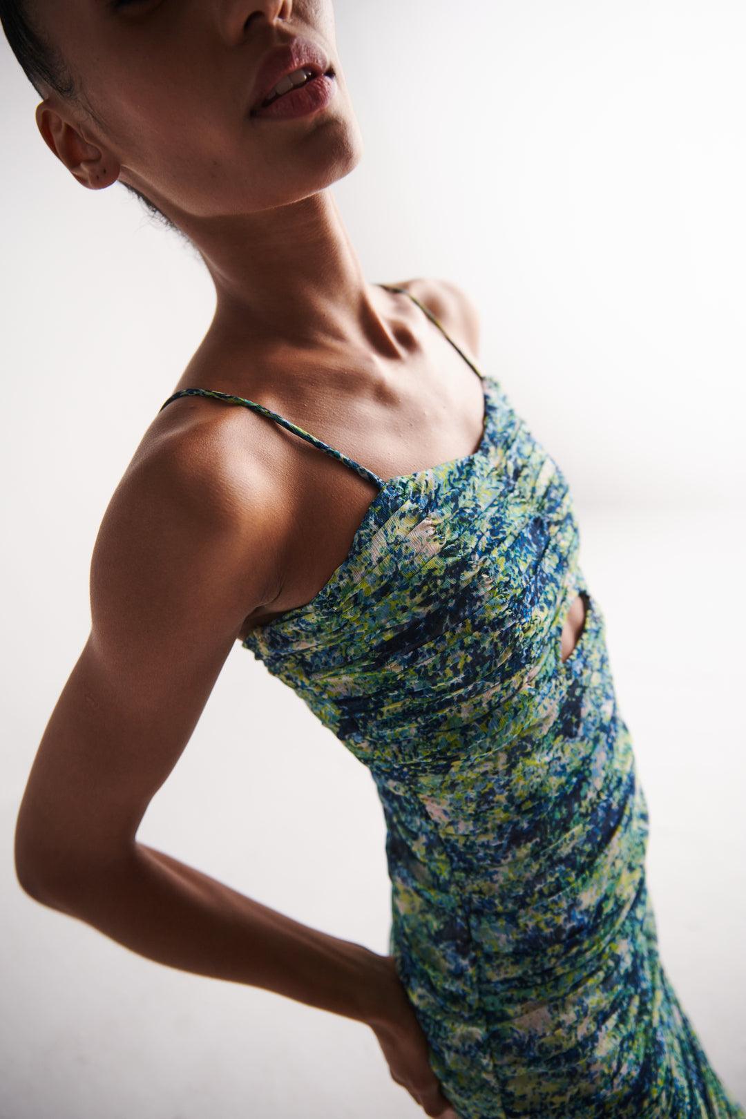Green Floral Ruched Dress - Sotbella