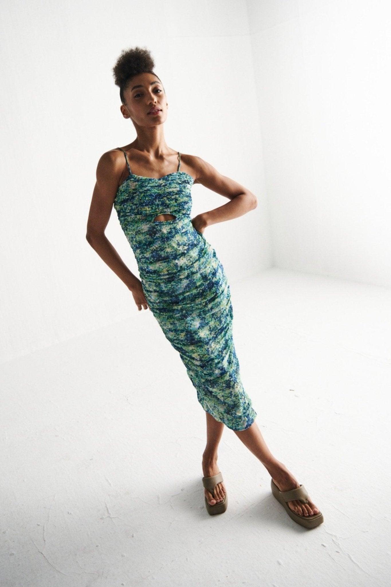 Green Floral Ruched Dress - Sotbella