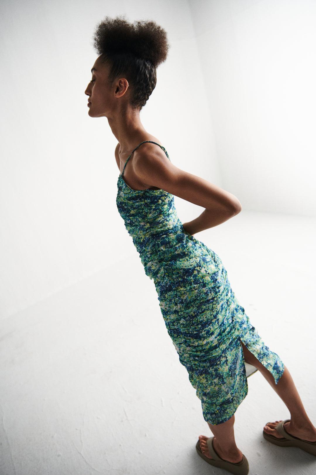 Green Floral Ruched Dress - Sotbella