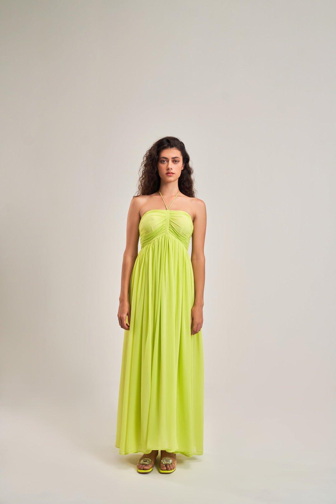 LIME HALTER NECK SUMMER MAXI DRESS - Sotbella