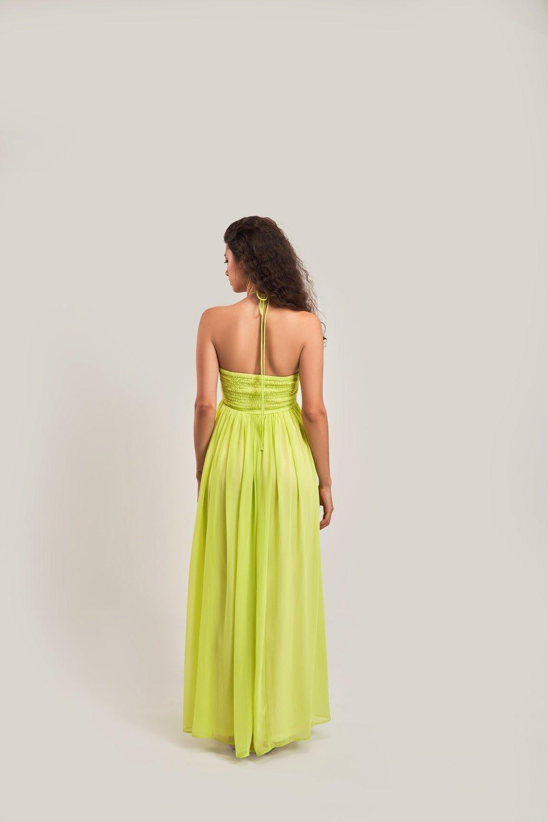 LIME HALTER NECK SUMMER MAXI DRESS - Sotbella
