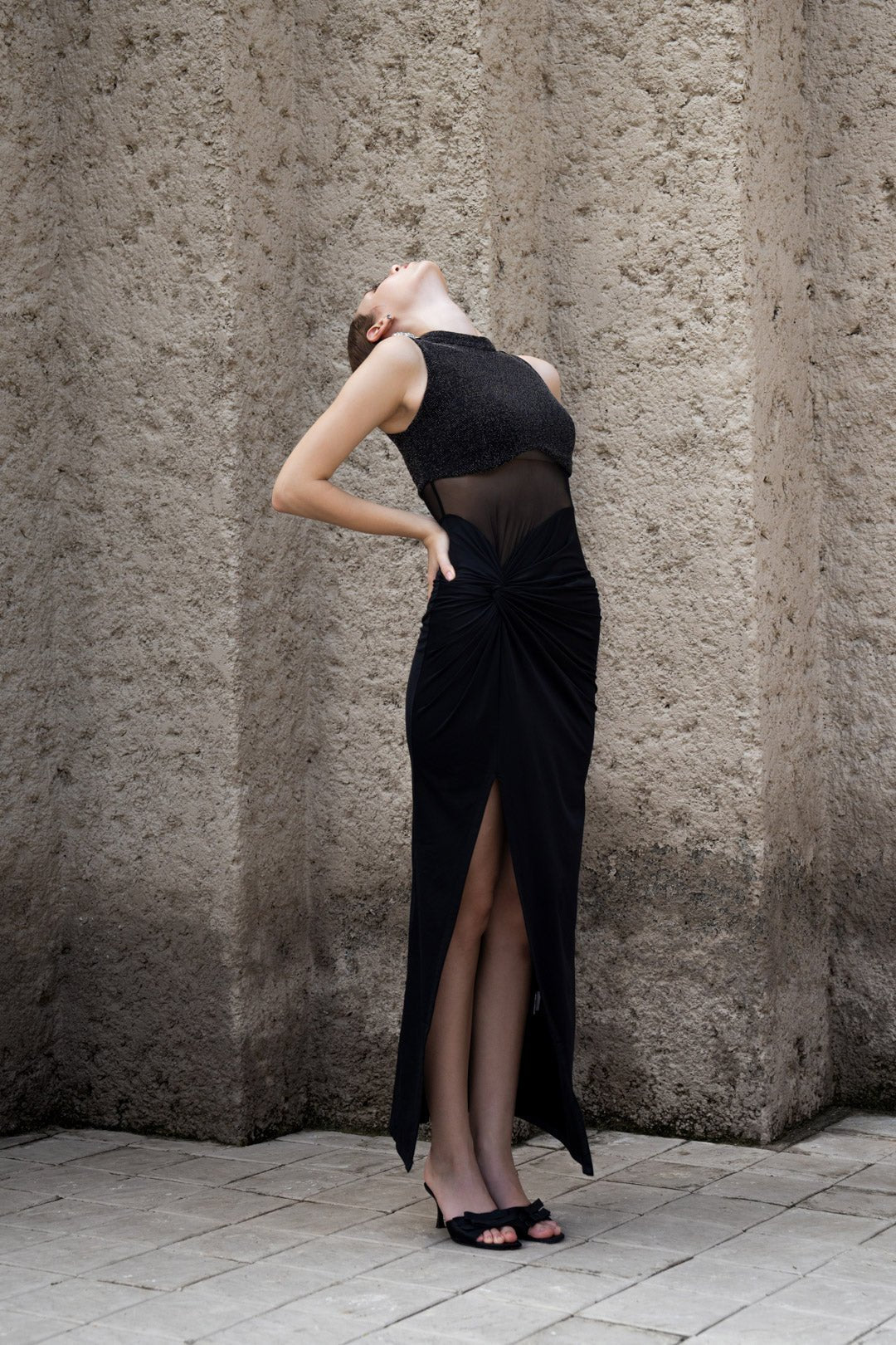 LUREX MESH DRAPED DRESS WITH STATEMENT BUTTONS - Sotbella