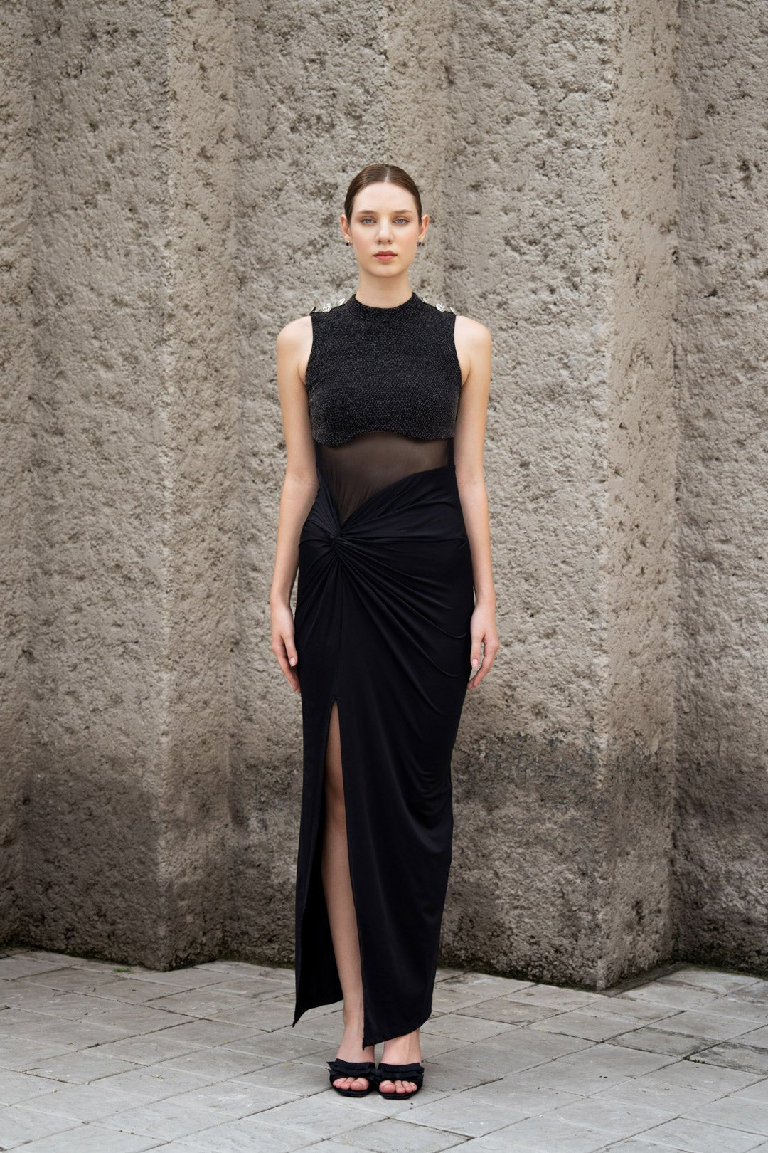 LUREX MESH DRAPED DRESS WITH STATEMENT BUTTONS - Sotbella