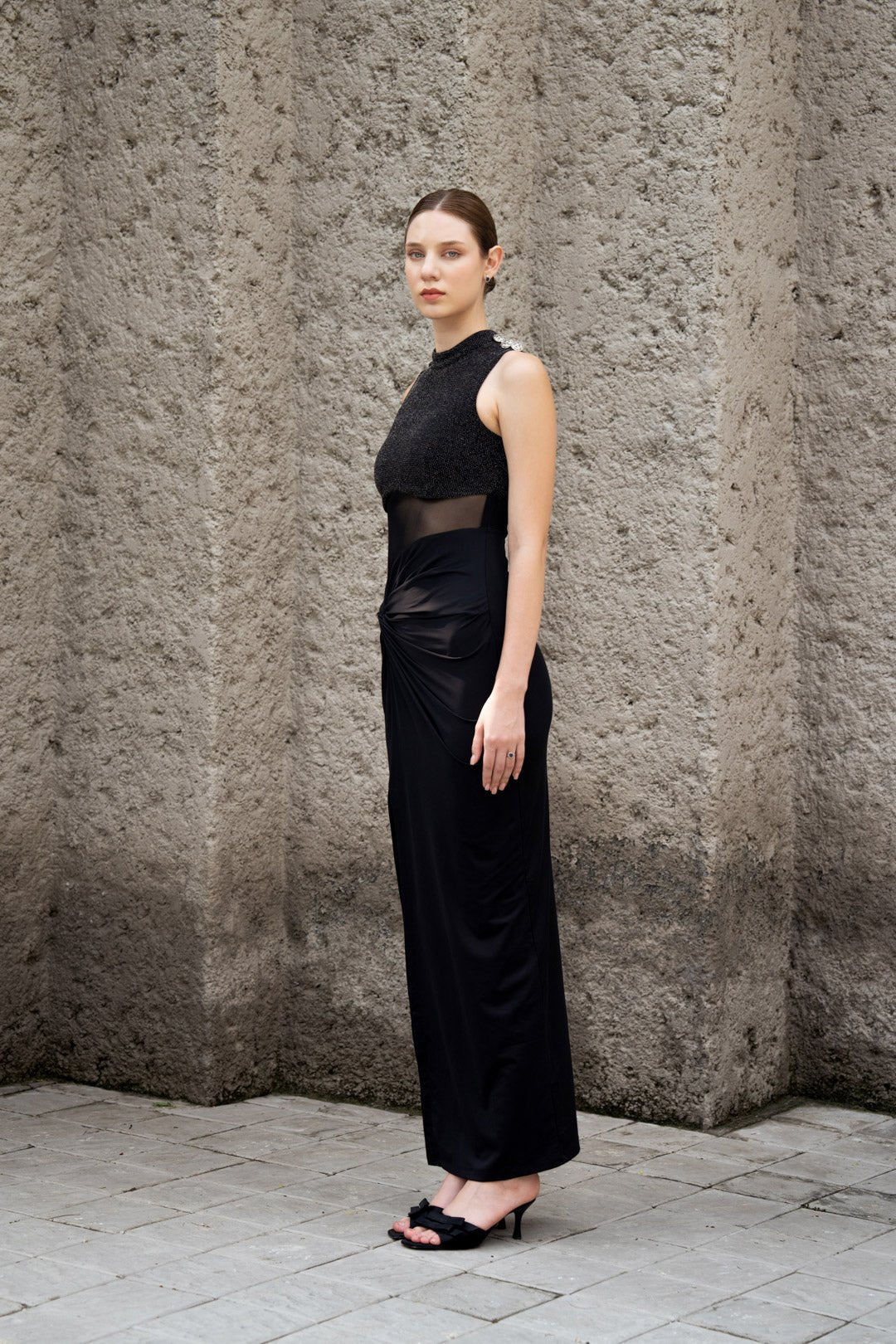 LUREX MESH DRAPED DRESS WITH STATEMENT BUTTONS - Sotbella