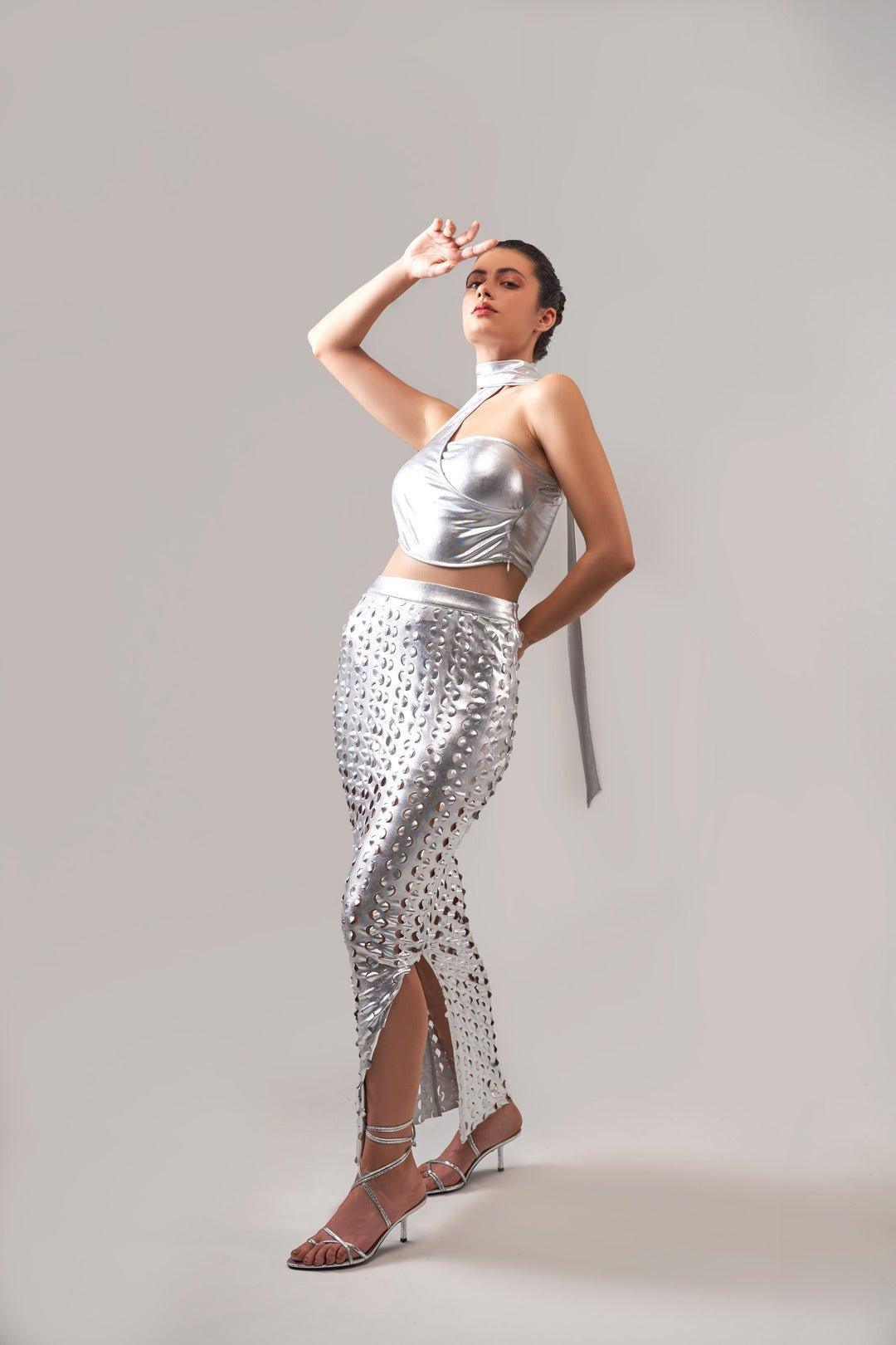 METALLIC TEXTURED ASYMMETRICAL TOP AND SKIRT CO-ORD SET - Sotbella