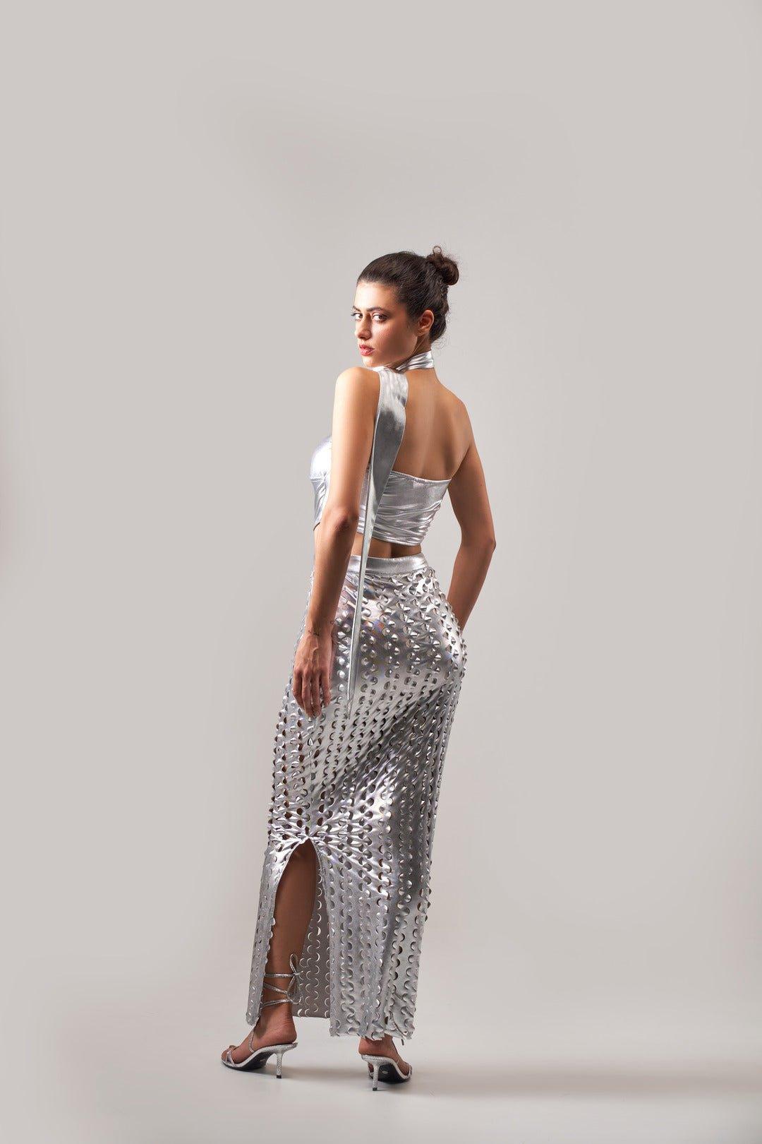 METALLIC TEXTURED ASYMMETRICAL TOP AND SKIRT CO-ORD SET - Sotbella