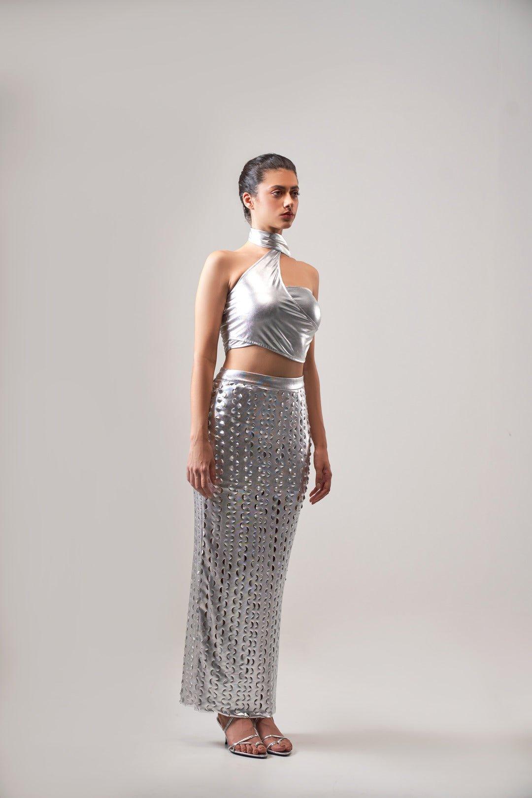 METALLIC TEXTURED ASYMMETRICAL TOP AND SKIRT CO-ORD SET - Sotbella