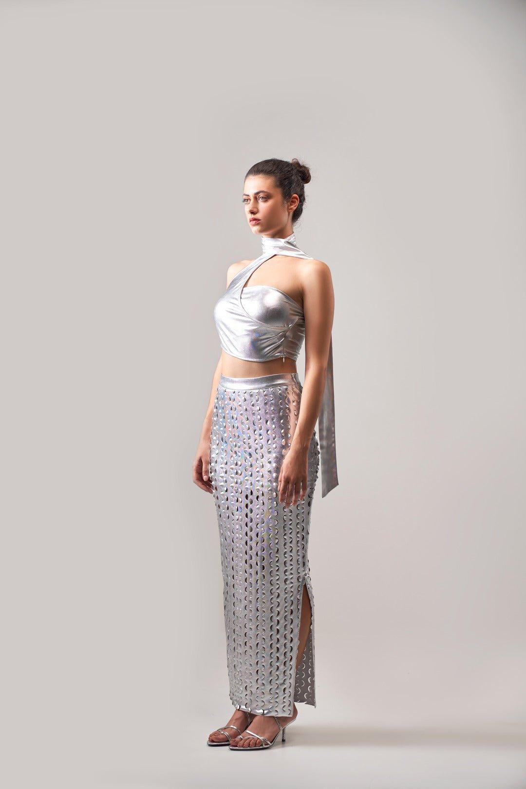 METALLIC TEXTURED ASYMMETRICAL TOP AND SKIRT CO-ORD SET - Sotbella