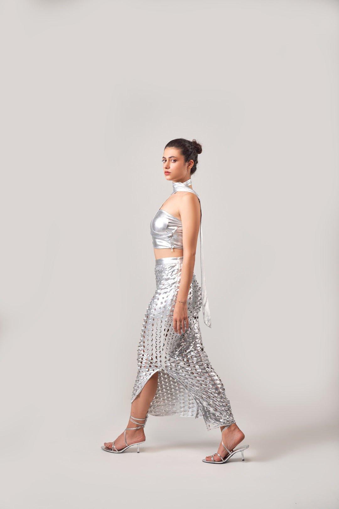 METALLIC TEXTURED ASYMMETRICAL TOP AND SKIRT CO-ORD SET - Sotbella