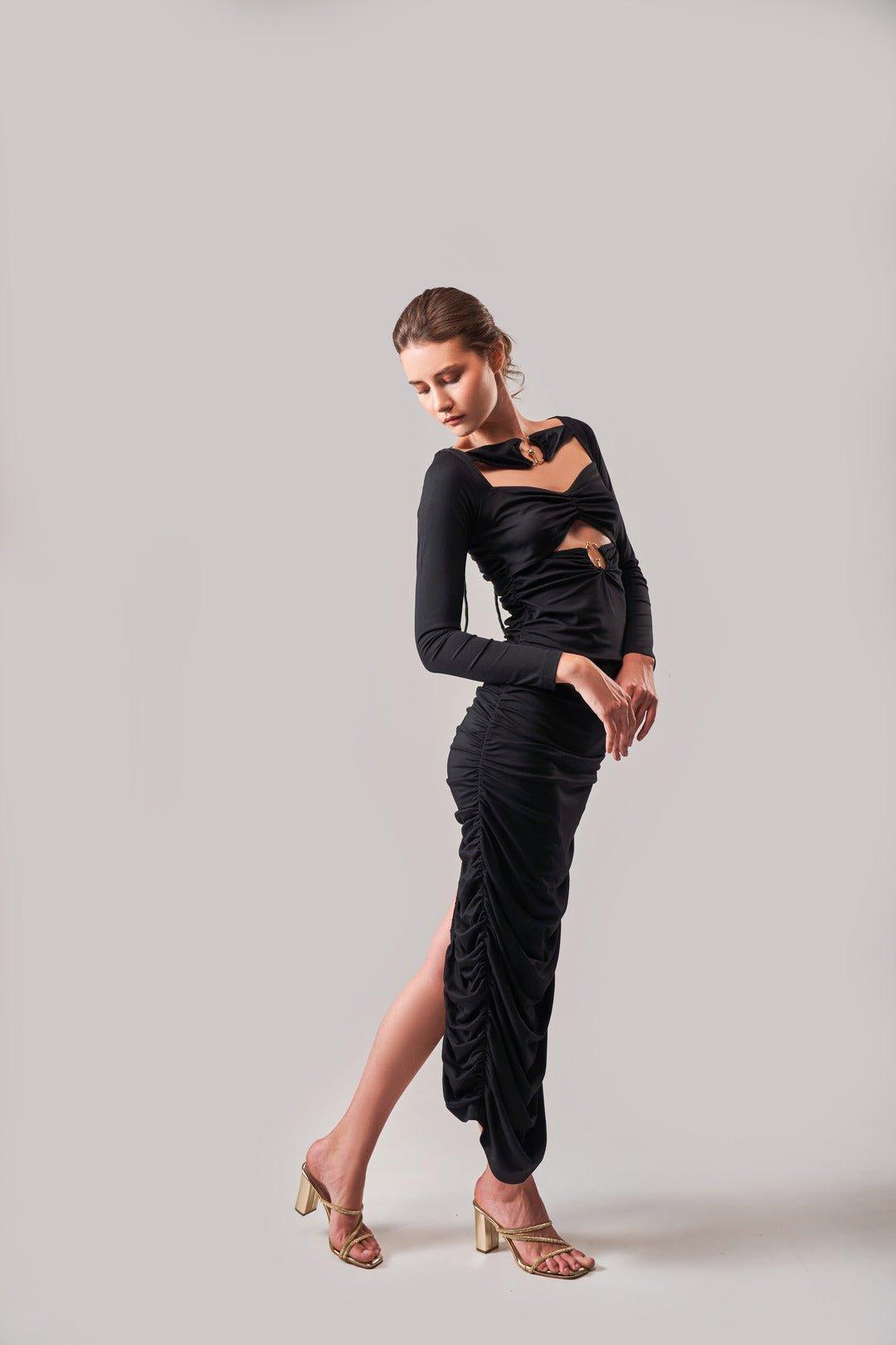 MIDNIGHT RING DETAIL RUCHED DRESS - Sotbella