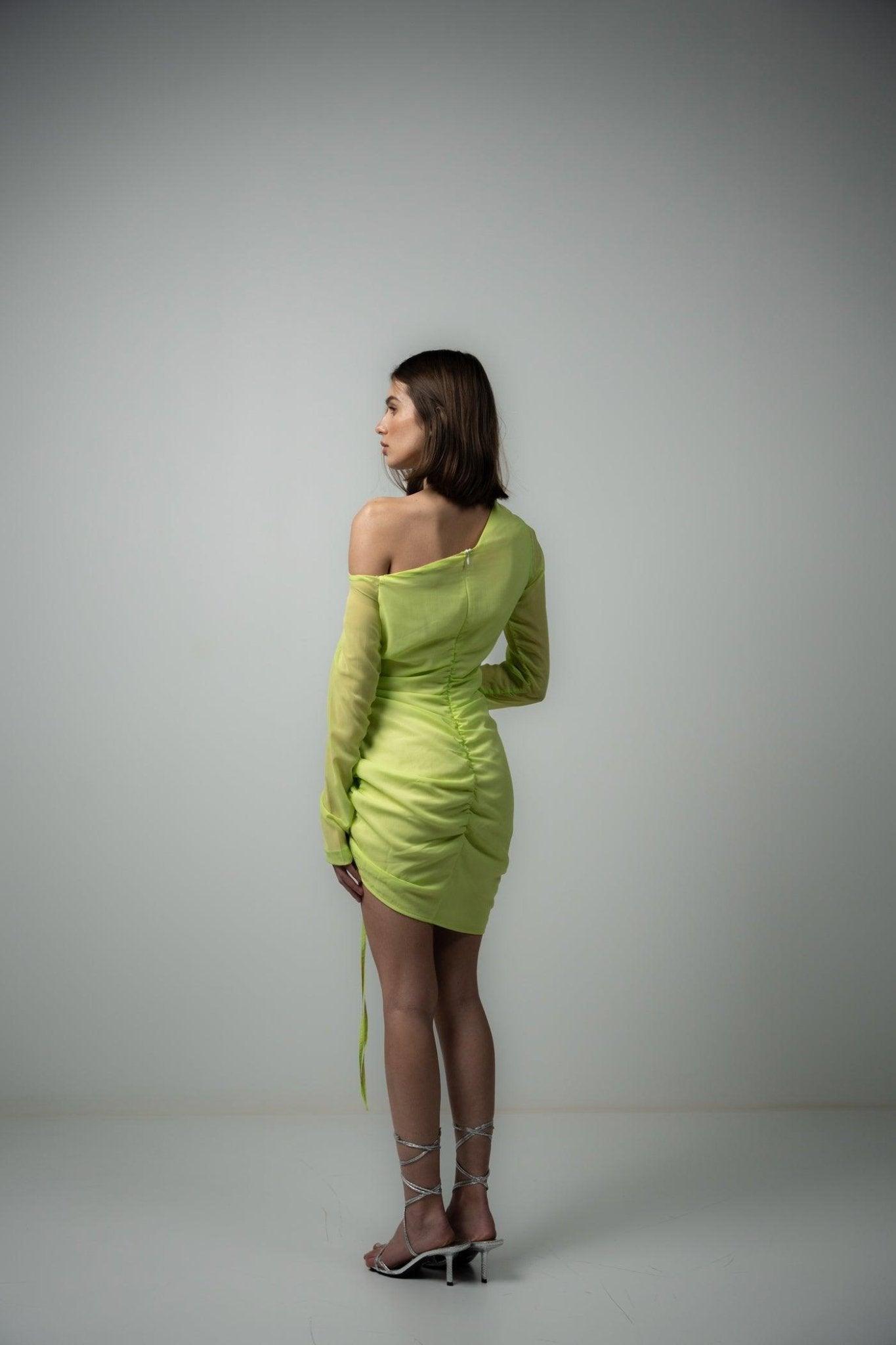 Neon Green Ruched Mini Dress - Sotbella