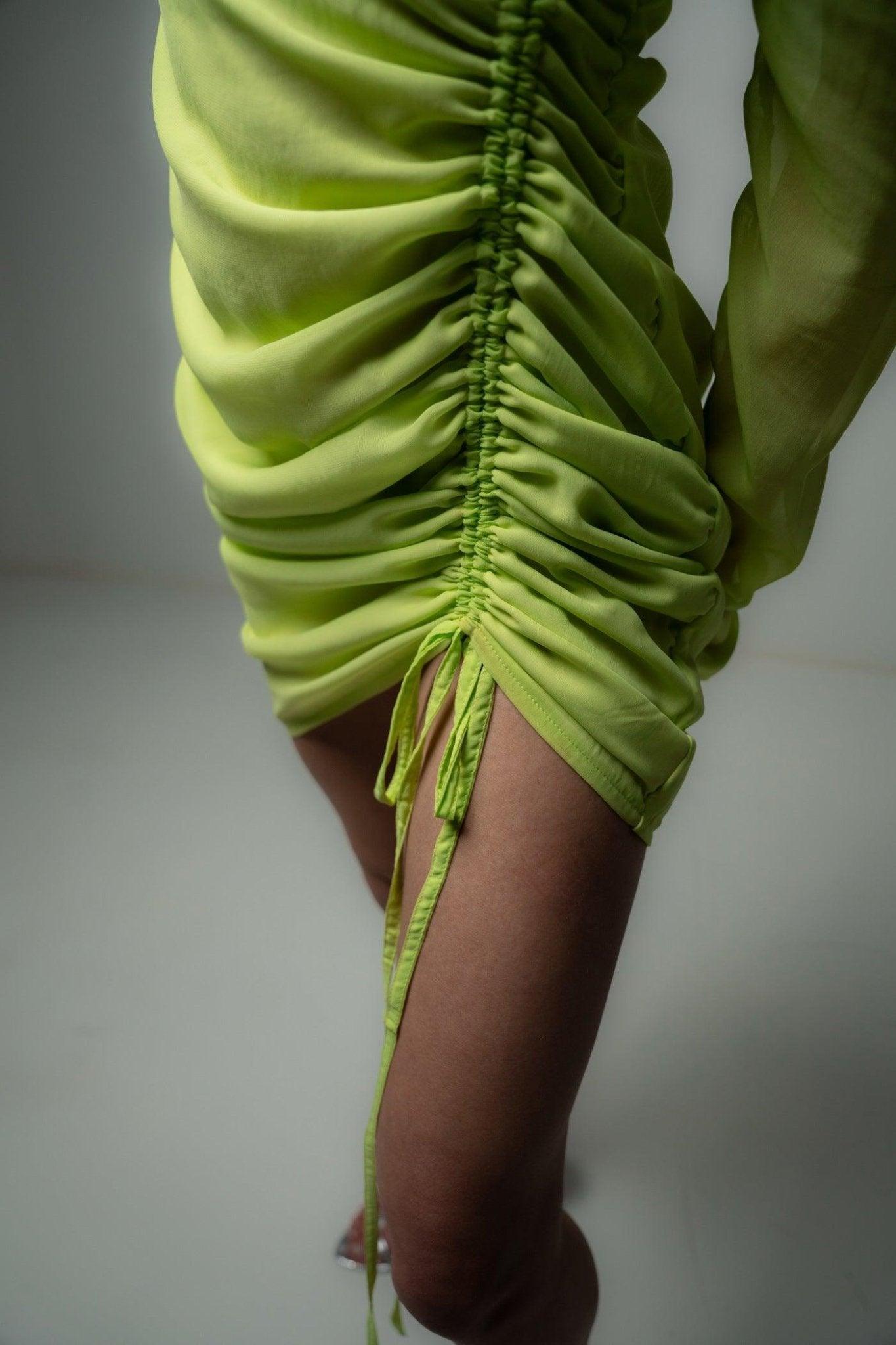 Neon Green Ruched Mini Dress - Sotbella