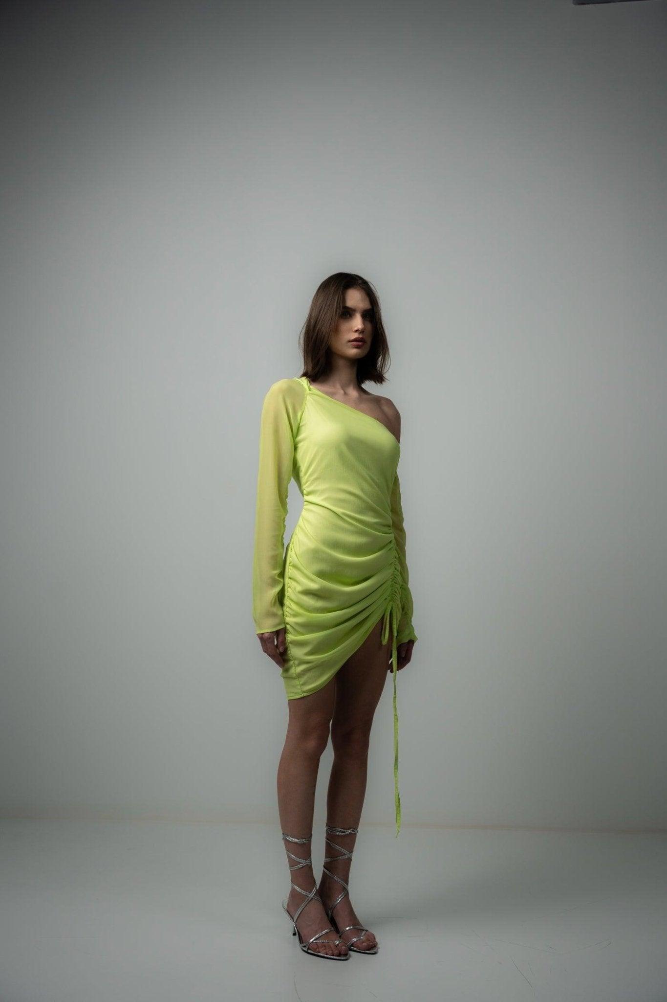 Neon Green Ruched Mini Dress - Sotbella
