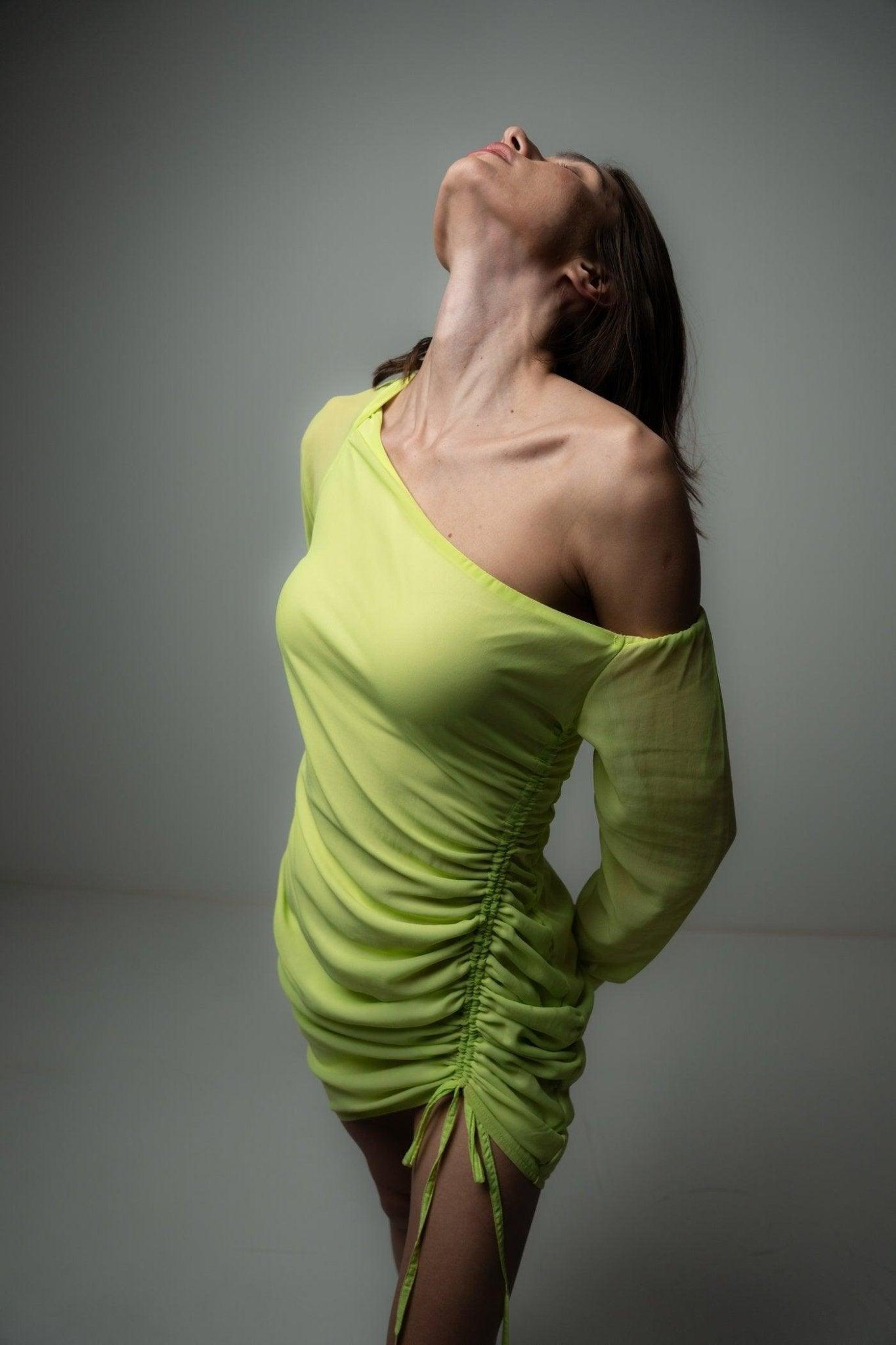 Neon Green Ruched Mini Dress - Sotbella