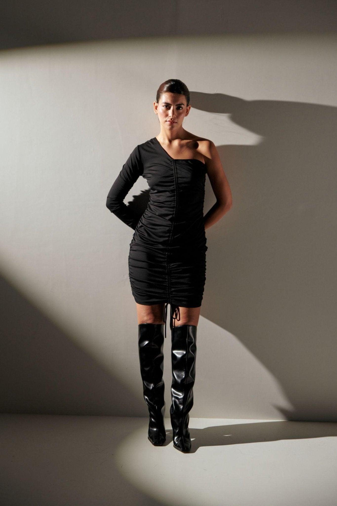 One Shoulder Noir Black Dress - Sotbella