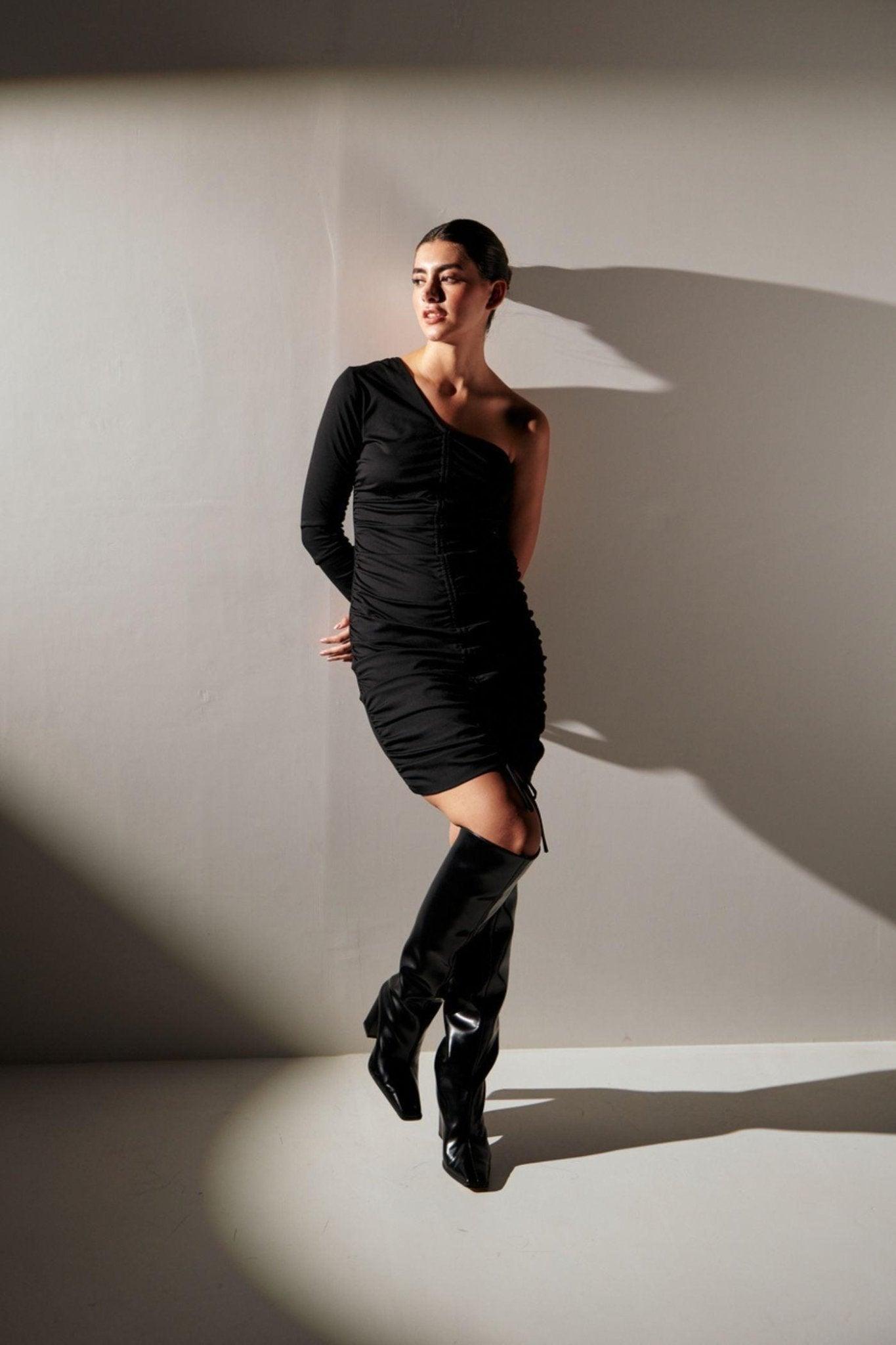 One Shoulder Noir Black Dress - Sotbella