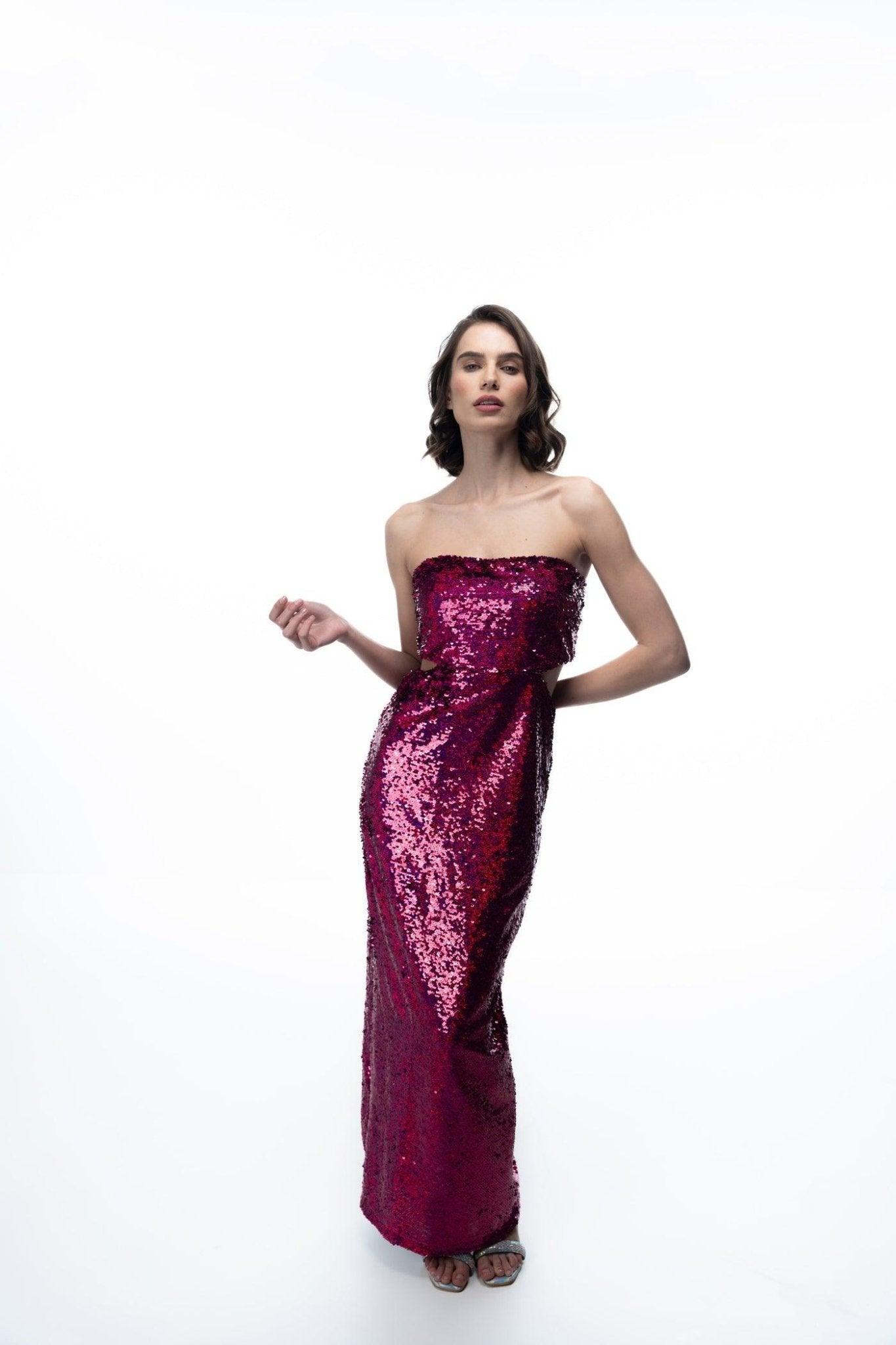 PINK SEQUIN STRAPLESS DRESS WITH CUTOUTS - Sotbella