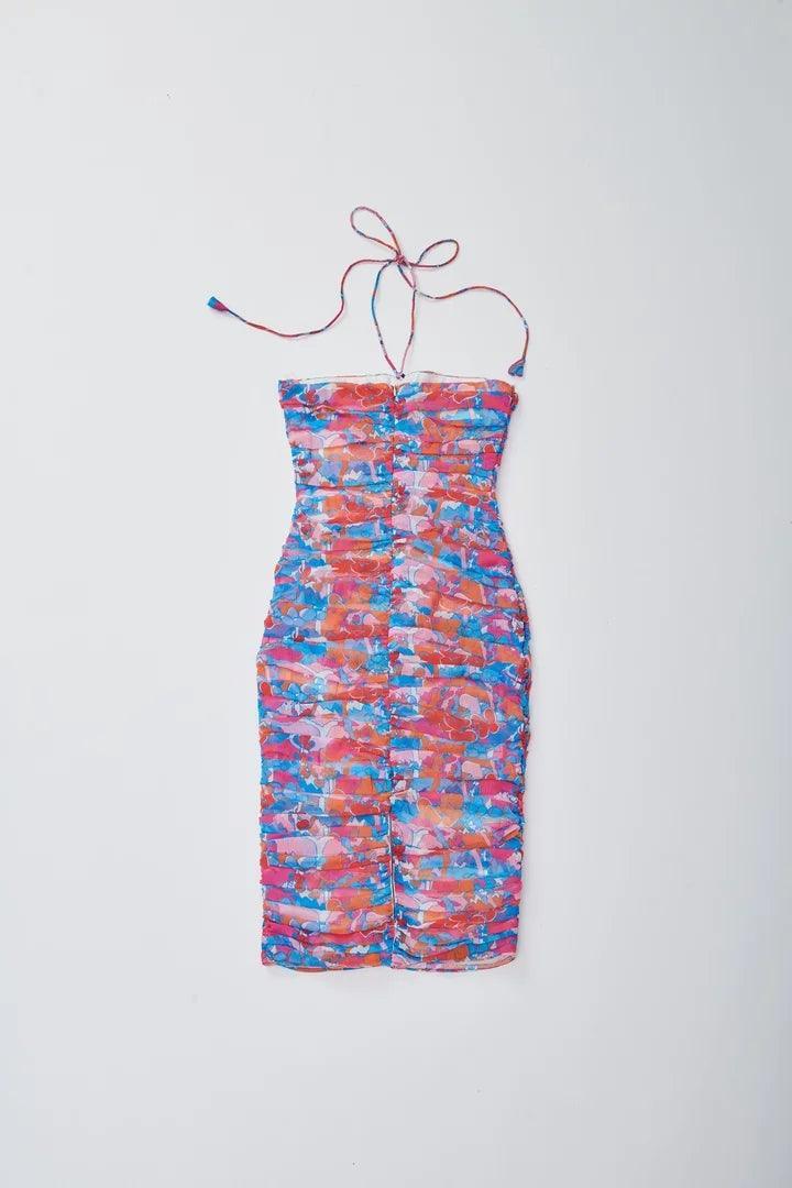 Printed Pink Ruched Bodycon Dress - Sotbella