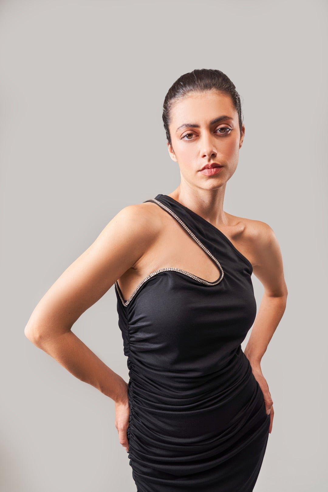 RUCHED BLACK BODYCON CUTOUT DRESS - Sotbella