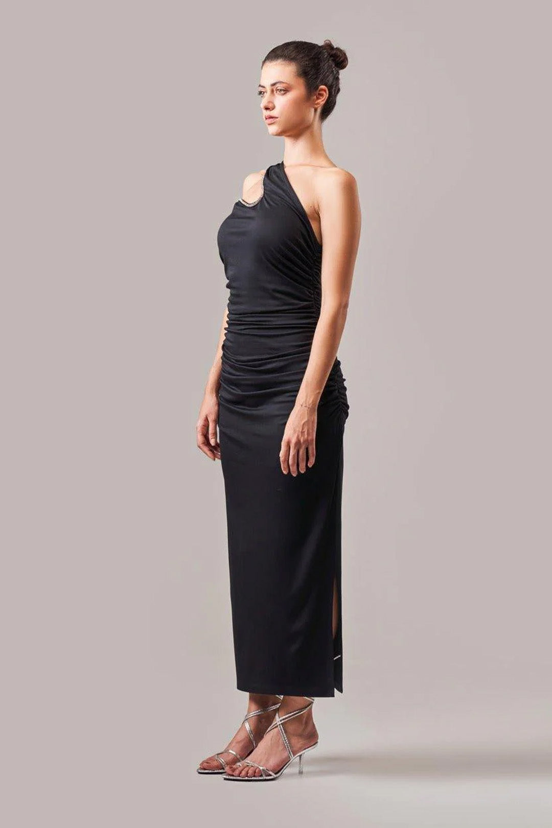 RUCHED BLACK BODYCON CUTOUT DRESS