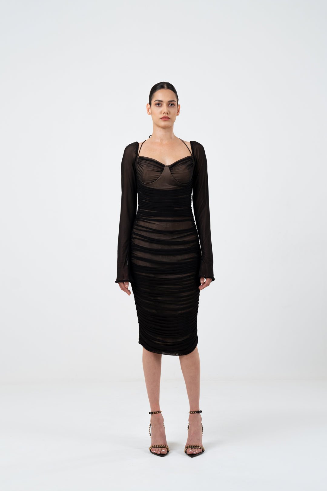 RUSHED MESH DRESS WITH TIE - DETAIL - Sotbella