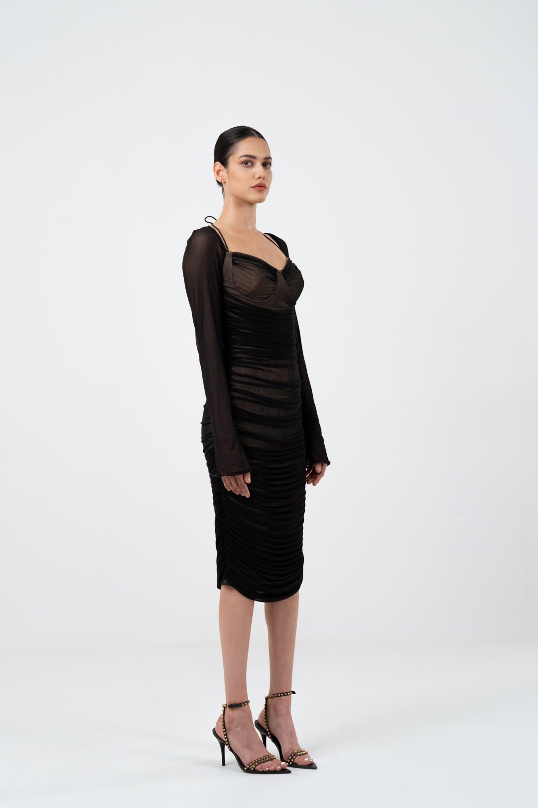 RUSHED MESH DRESS WITH TIE - DETAIL - Sotbella