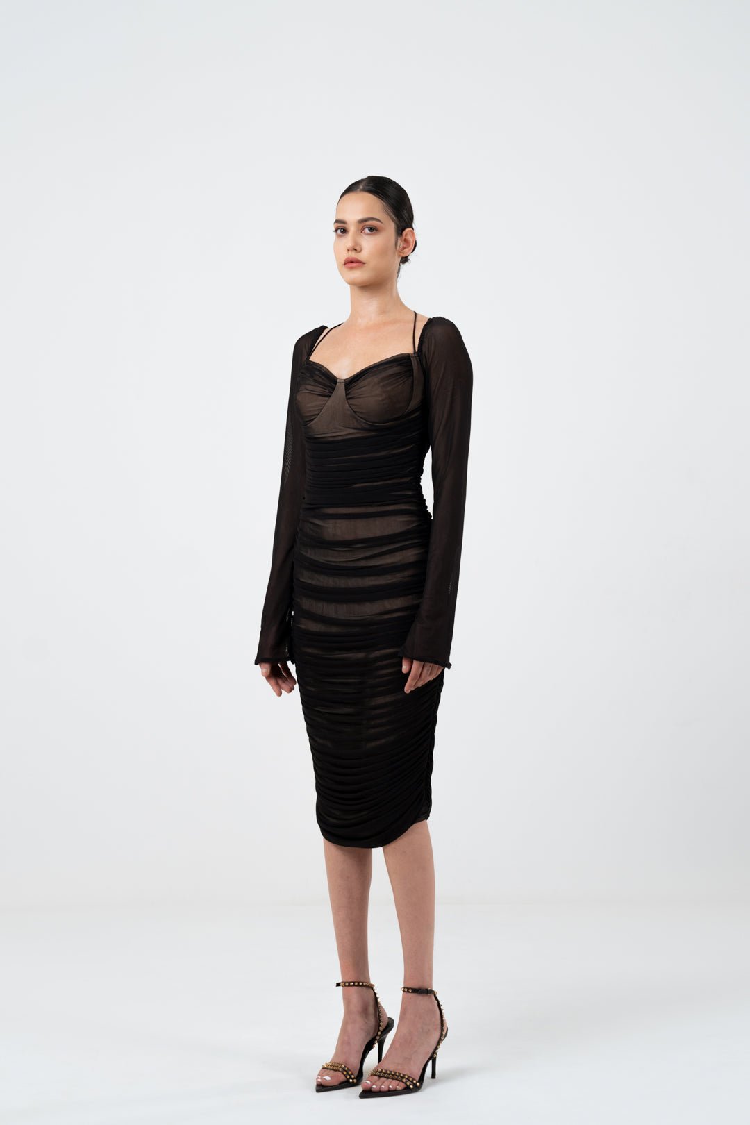 RUSHED MESH DRESS WITH TIE - DETAIL - Sotbella