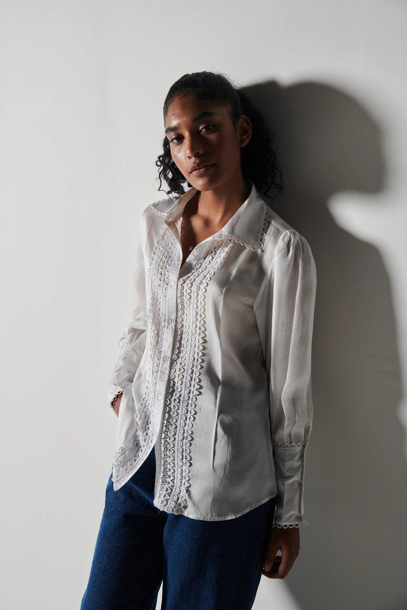 Satin Shirt Set With Ripped Jeans-Sotbella