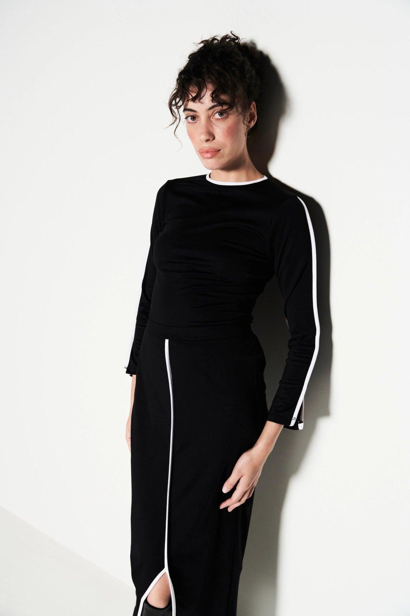 Set Of Black Full Sleeves Top With A Slit Skirt-Sotbella