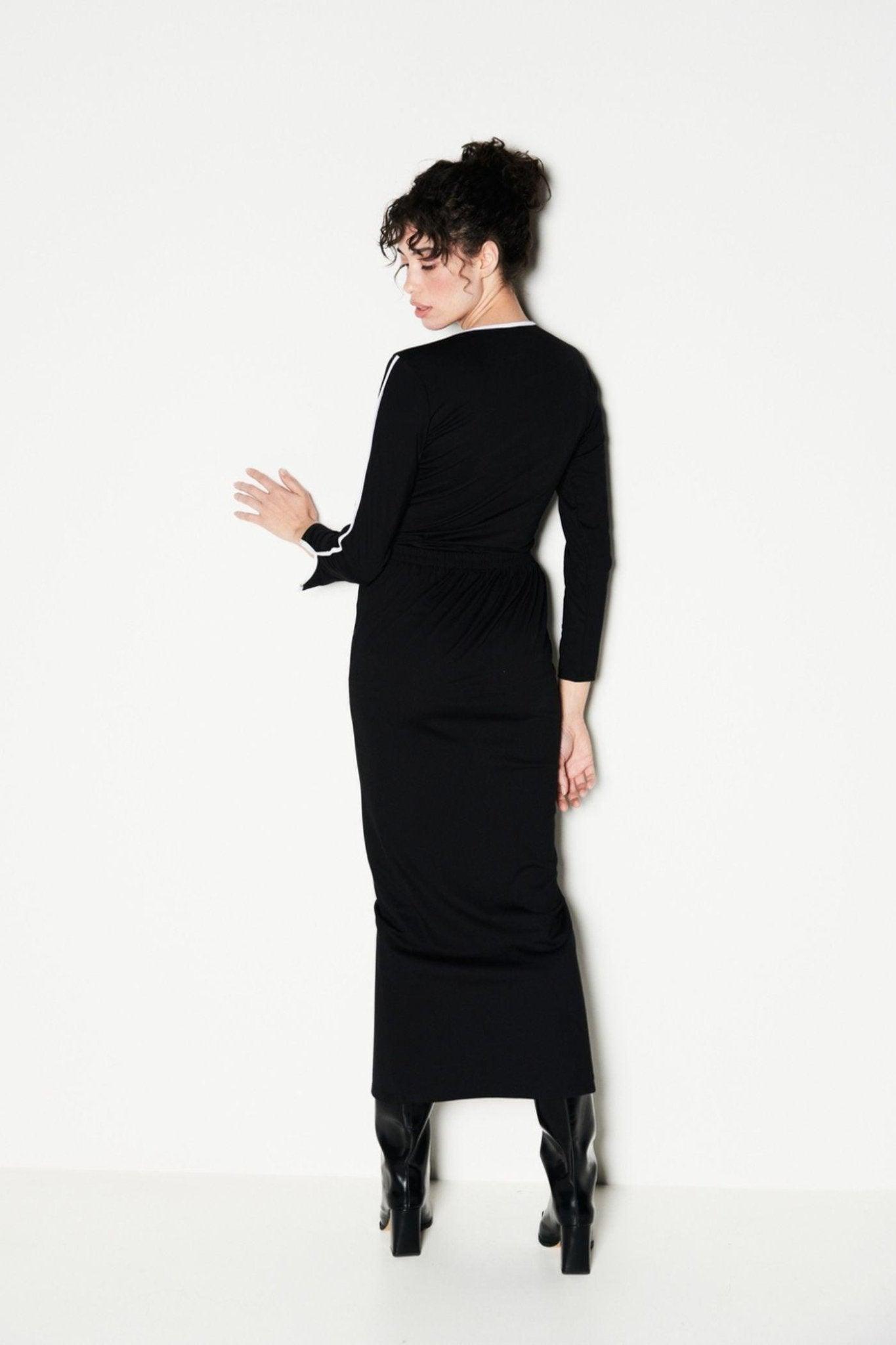 Set Of Black Full Sleeves Top With A Slit Skirt-Sotbella