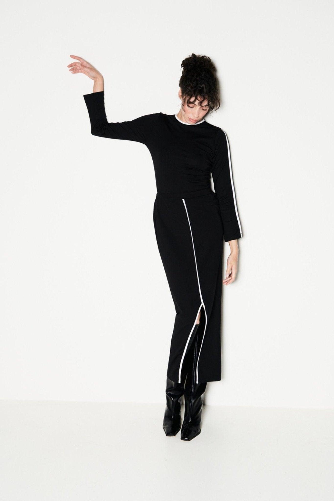 Set Of Black Full Sleeves Top With A Slit Skirt-Sotbella