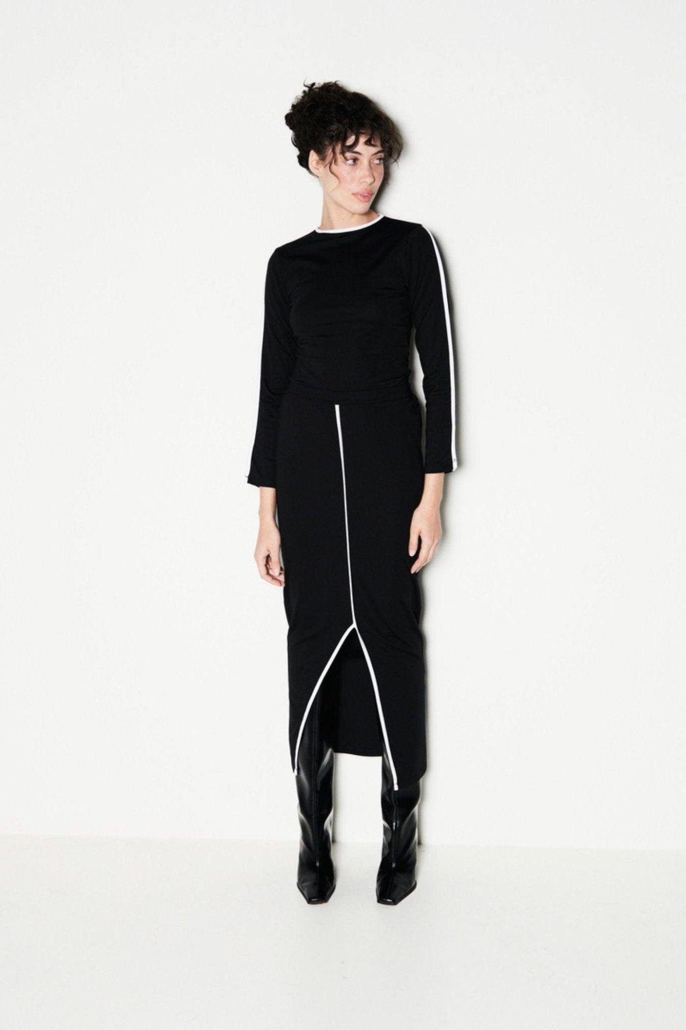 Set Of Black Full Sleeves Top With A Slit Skirt-Sotbella