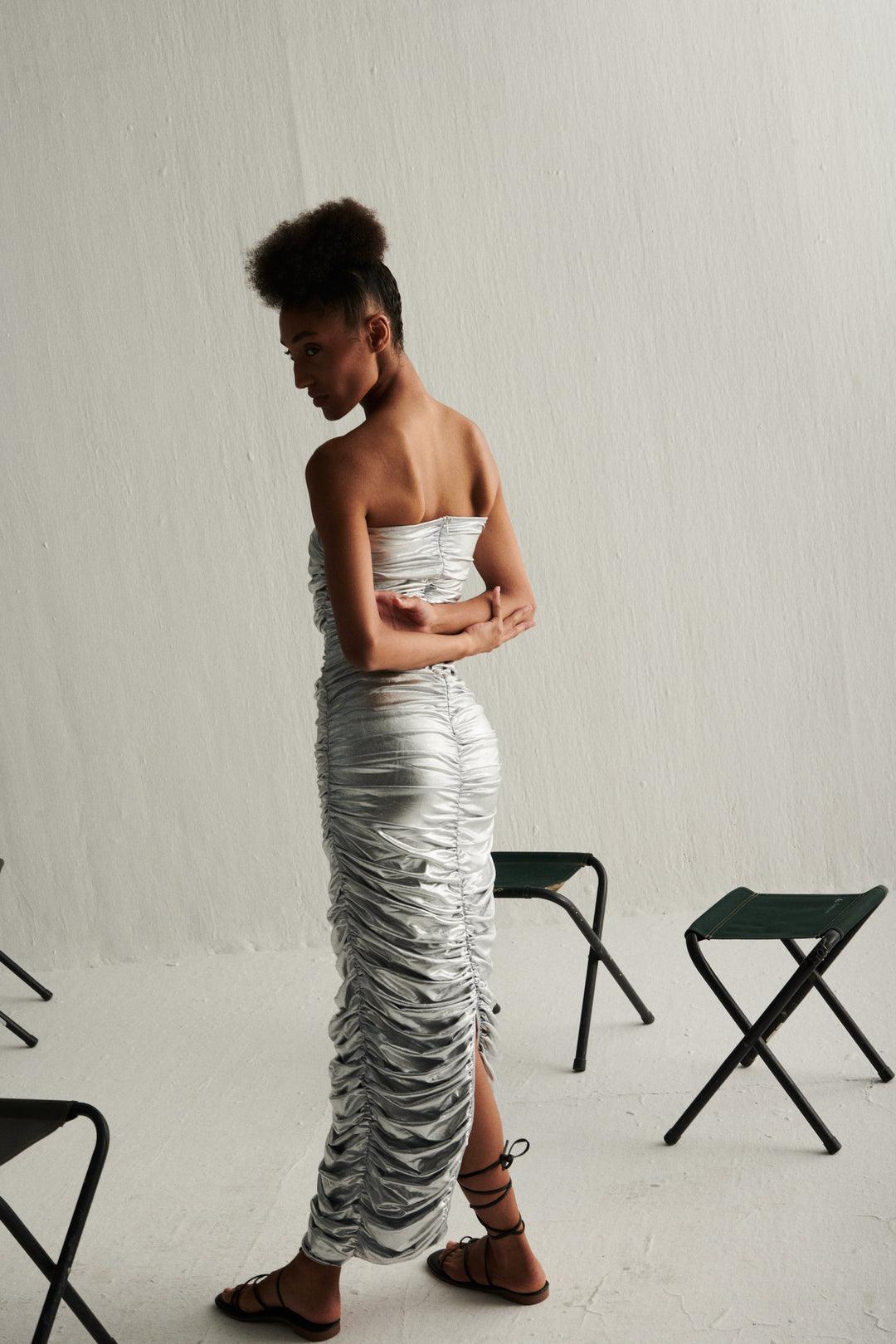 Silver Off Shoulder Bodycon Dress-Sotbella