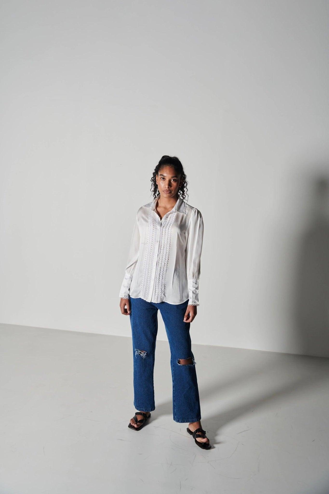 White Laced Satin Shirt-Sotbella