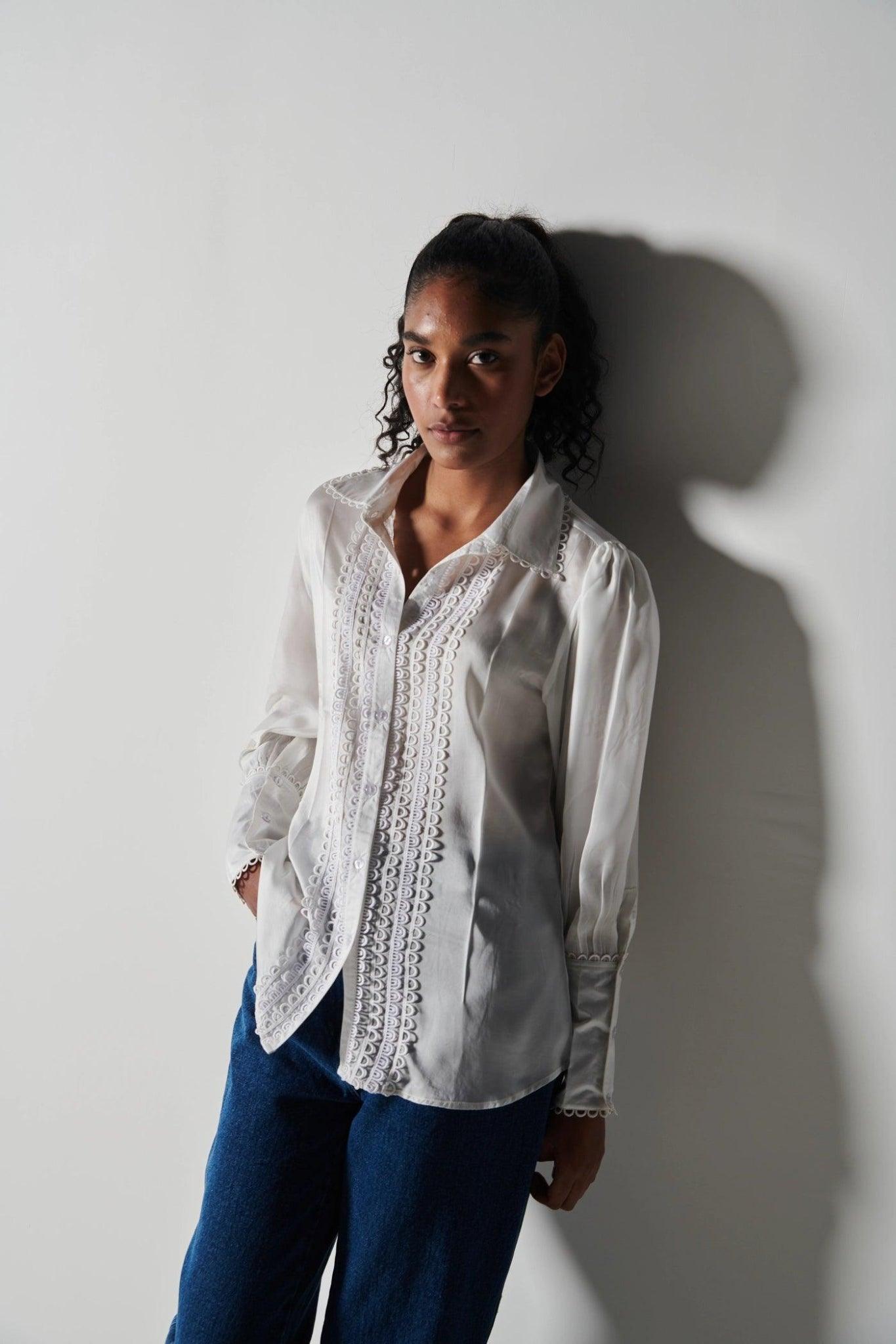 White Laced Satin Shirt-Sotbella