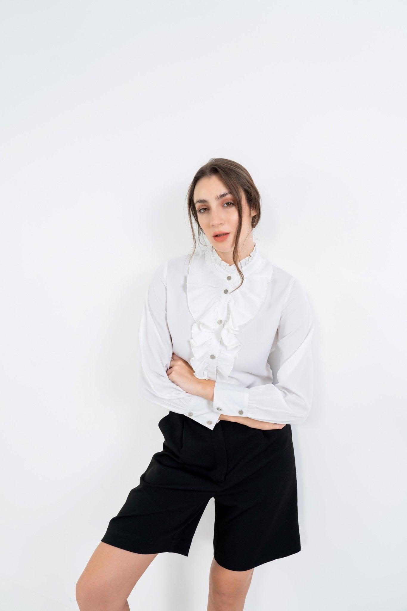 WHITE RUFFLE PLACKET FLOWY SHIRT - Sotbella