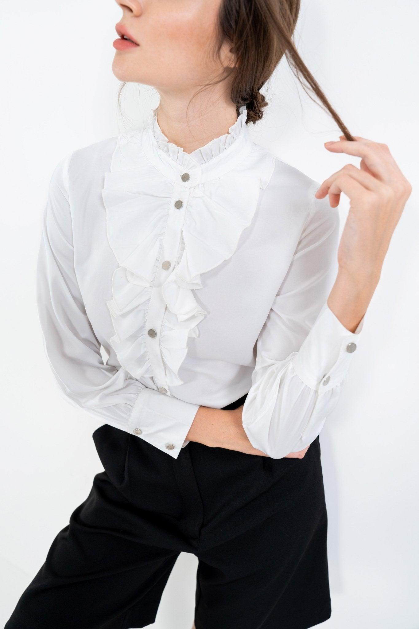 WHITE RUFFLE PLACKET FLOWY SHIRT