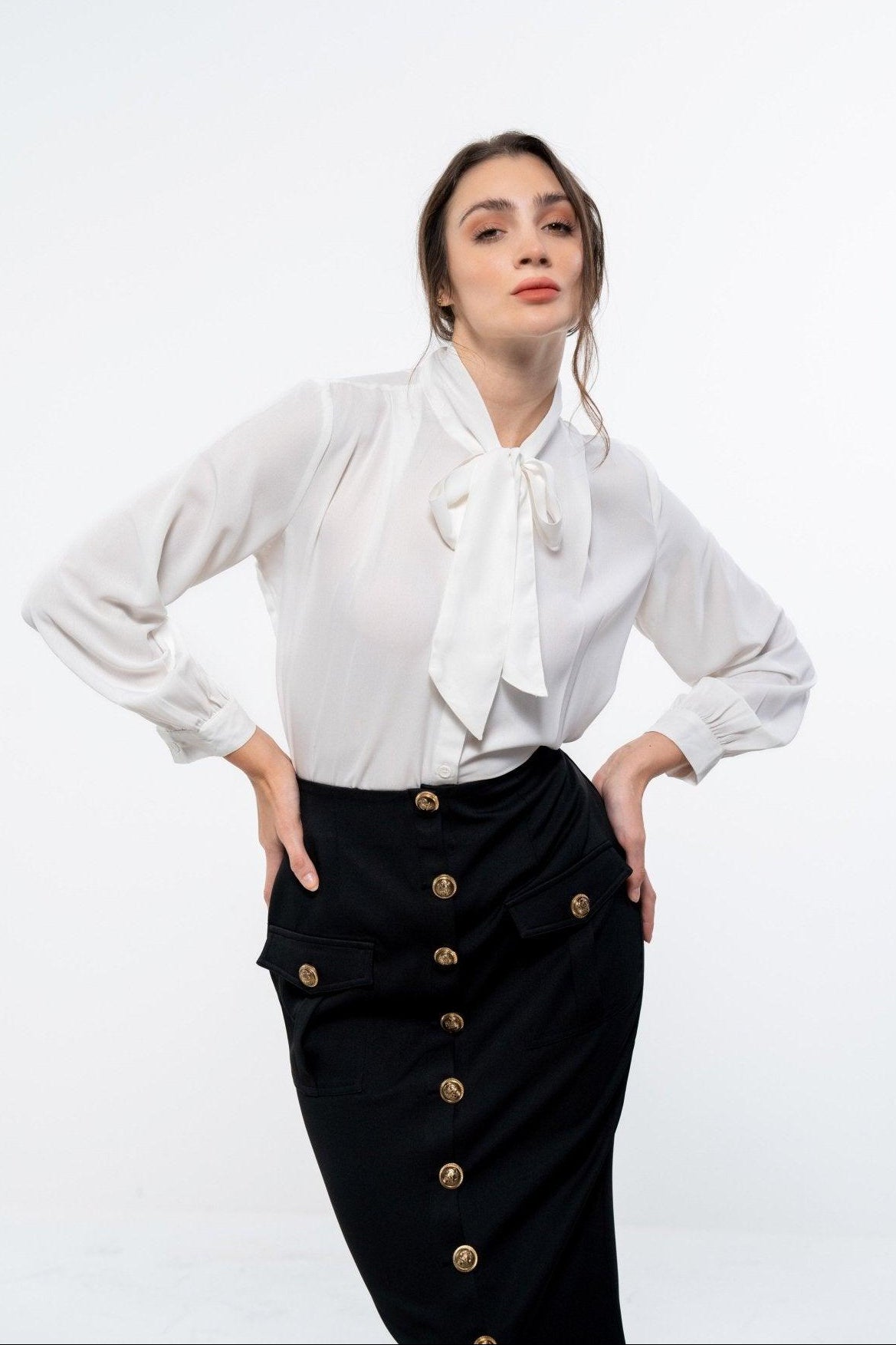 WHITE TIE NECK FLOWY SHIRT - Sotbella