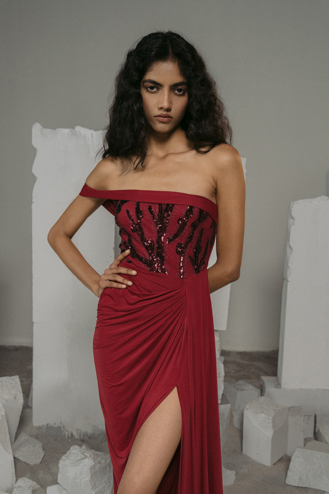 Maroon Sequin Bodice Draped Gown